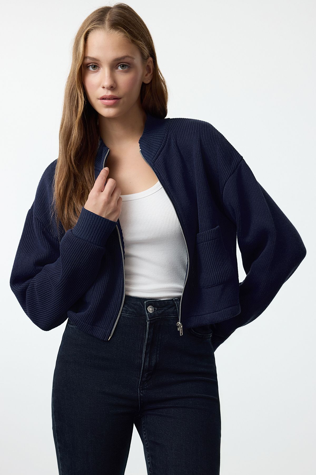 Trendyol Navy Blue Zipper Collar Pocket Detailed Regular/Normal Fit Crop/Short Jacket