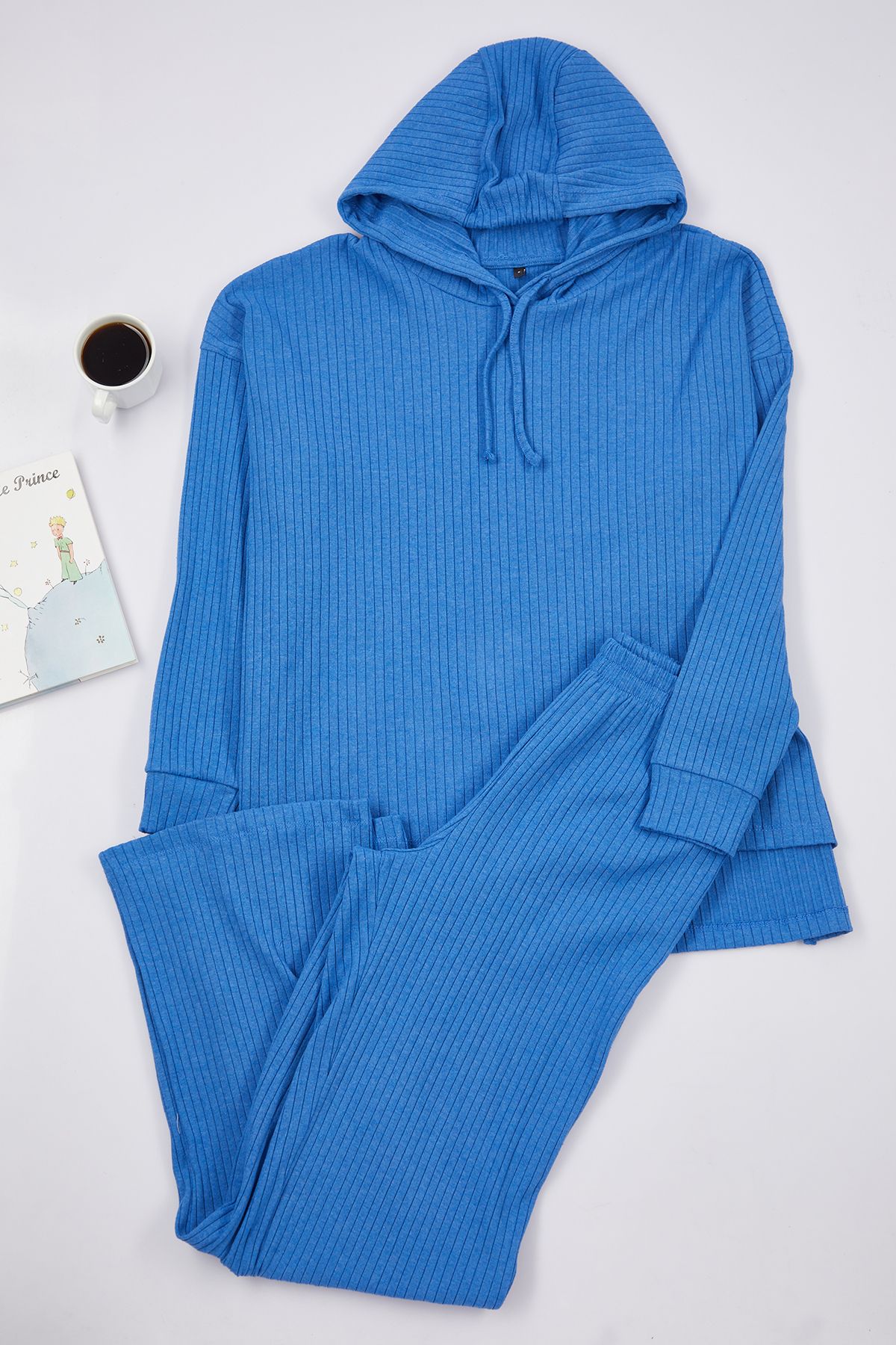 Trendyol Blue Cotton Hooded Ribbed Knitted Pajama Set