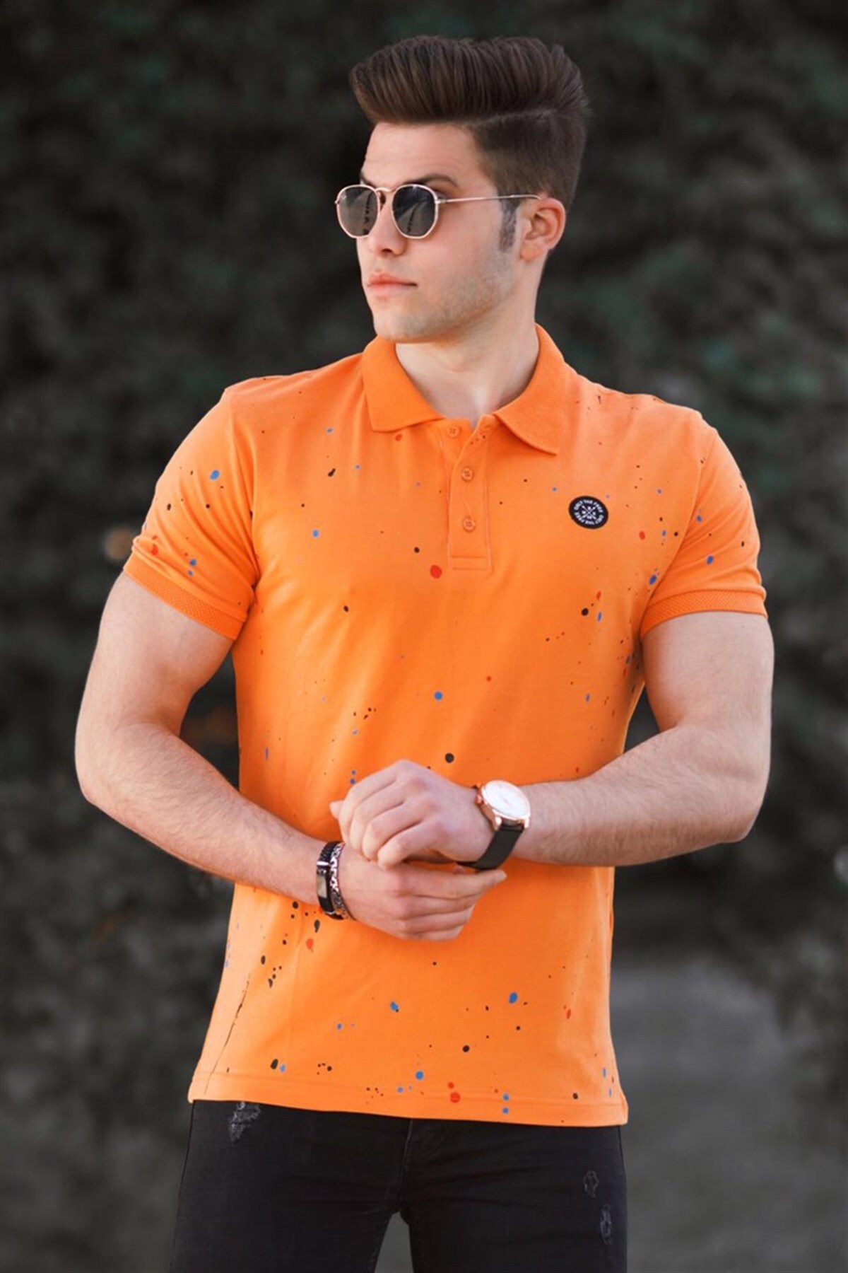 Levně Madmext Orange Spray Print Polo Neck T-Shirt 4583