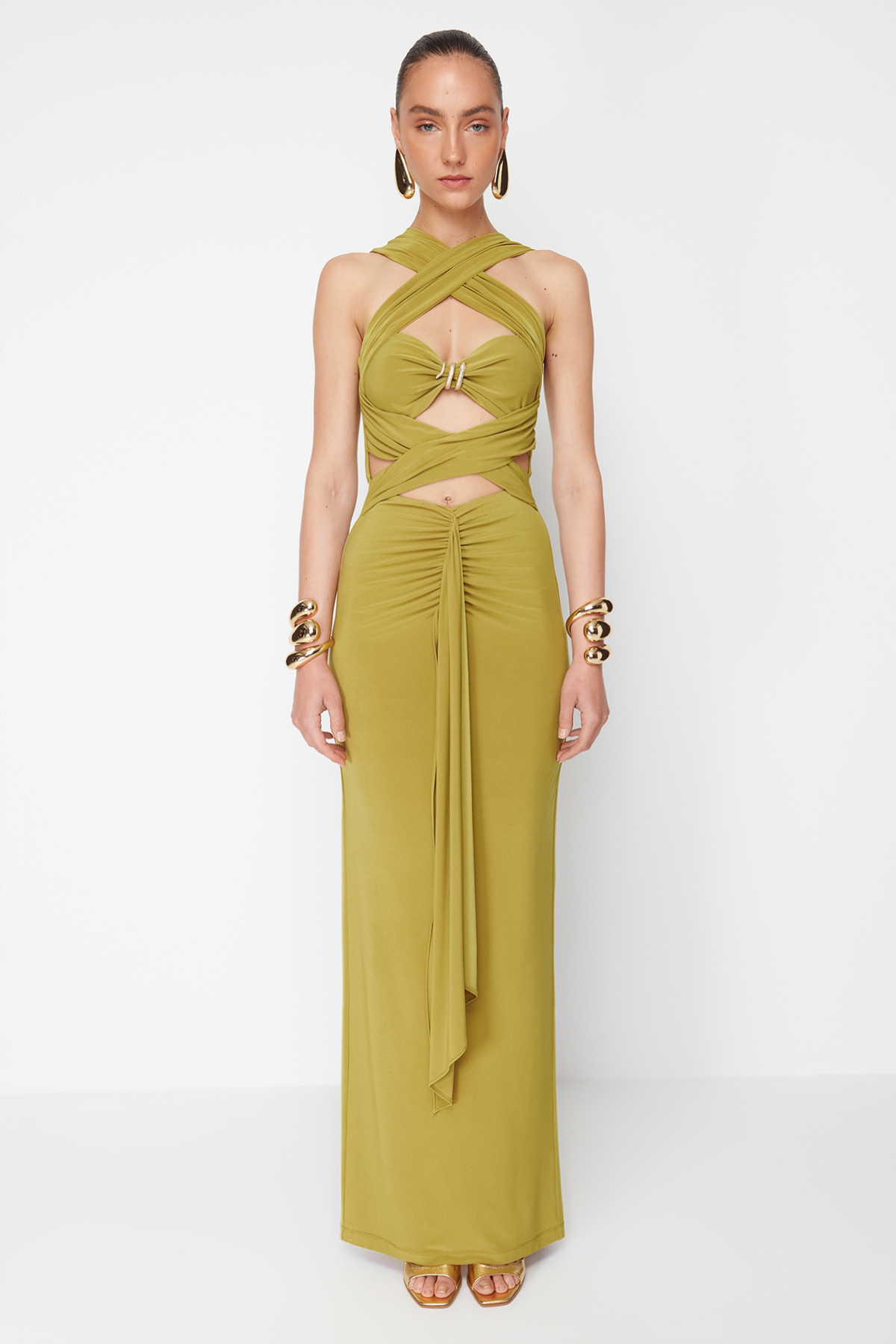 Trendyol X Zeynep Tosun Oil Green Cut Out Knitted Tie Detailed Evening Dress &amp; Graduation Dress