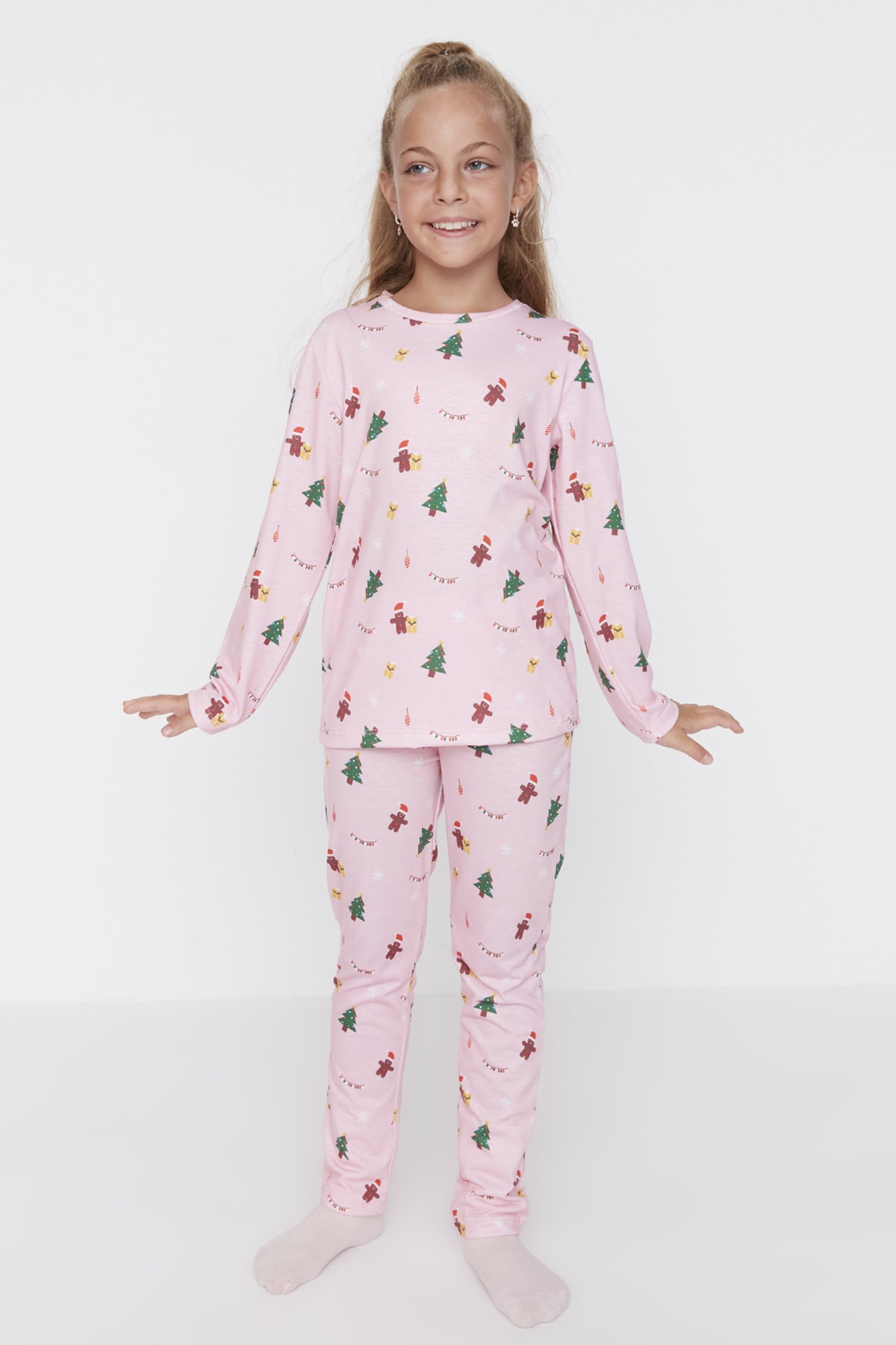 Trendyol Pink Printed Girls' Knitted Family Combine Pajamas Set