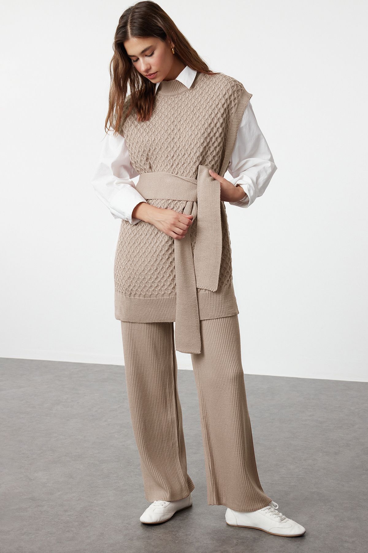 Trendyol Mink Belted Rice Knit Sweater-Pants Knitwear Bottom-Top Set