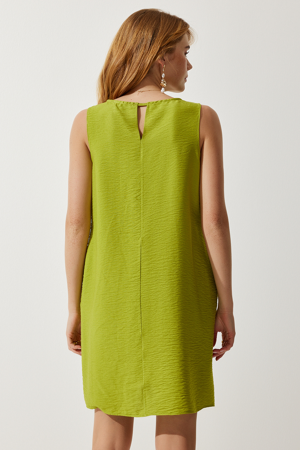 Happiness İstanbul Women's Peanut Green Sleeveless Linen Viscose A-Line Dress