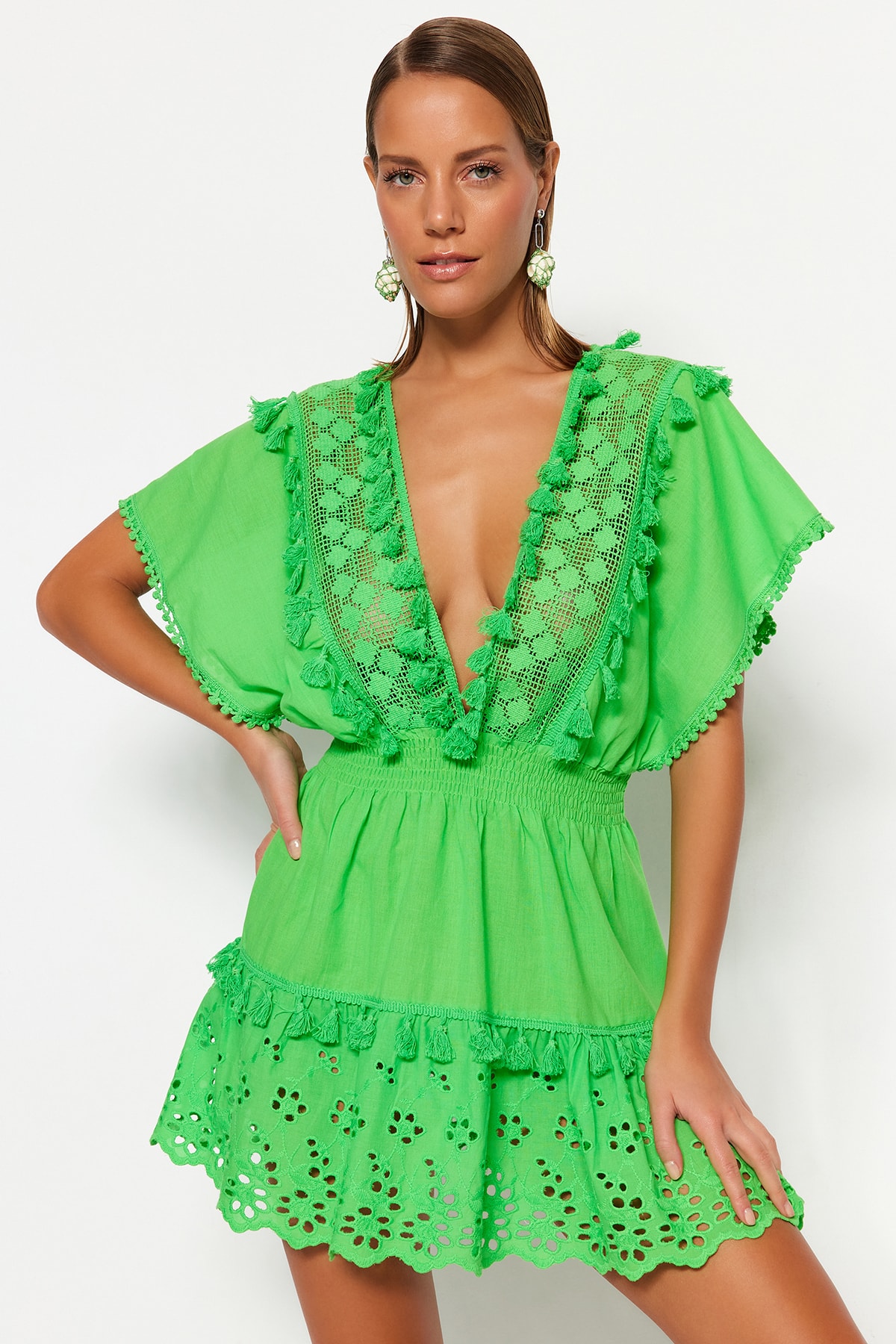 Trendyol Green Mini Broderie țesută 100% rochie de plajă din bumbac