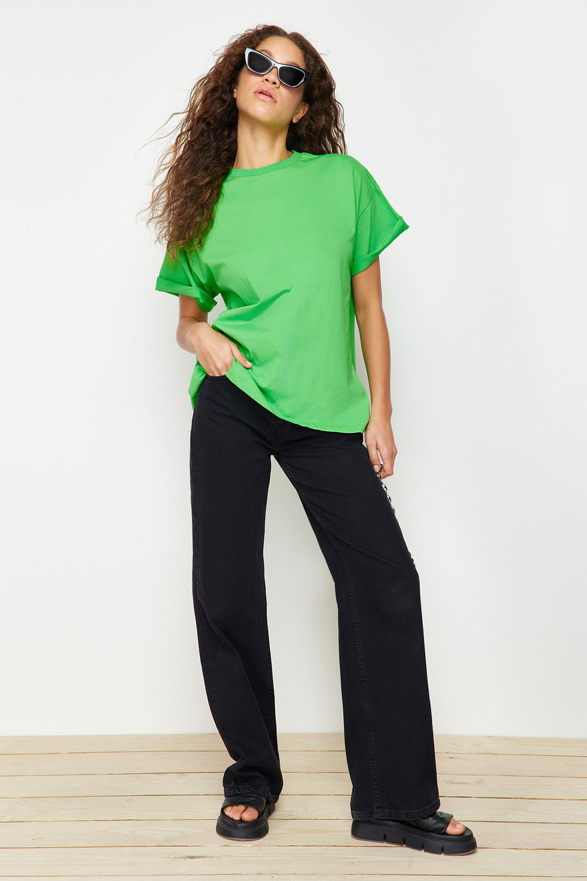 Trendyol Green 100% Cotton Crew Neck Oversize/Wide Pattern Knitted T-Shirt