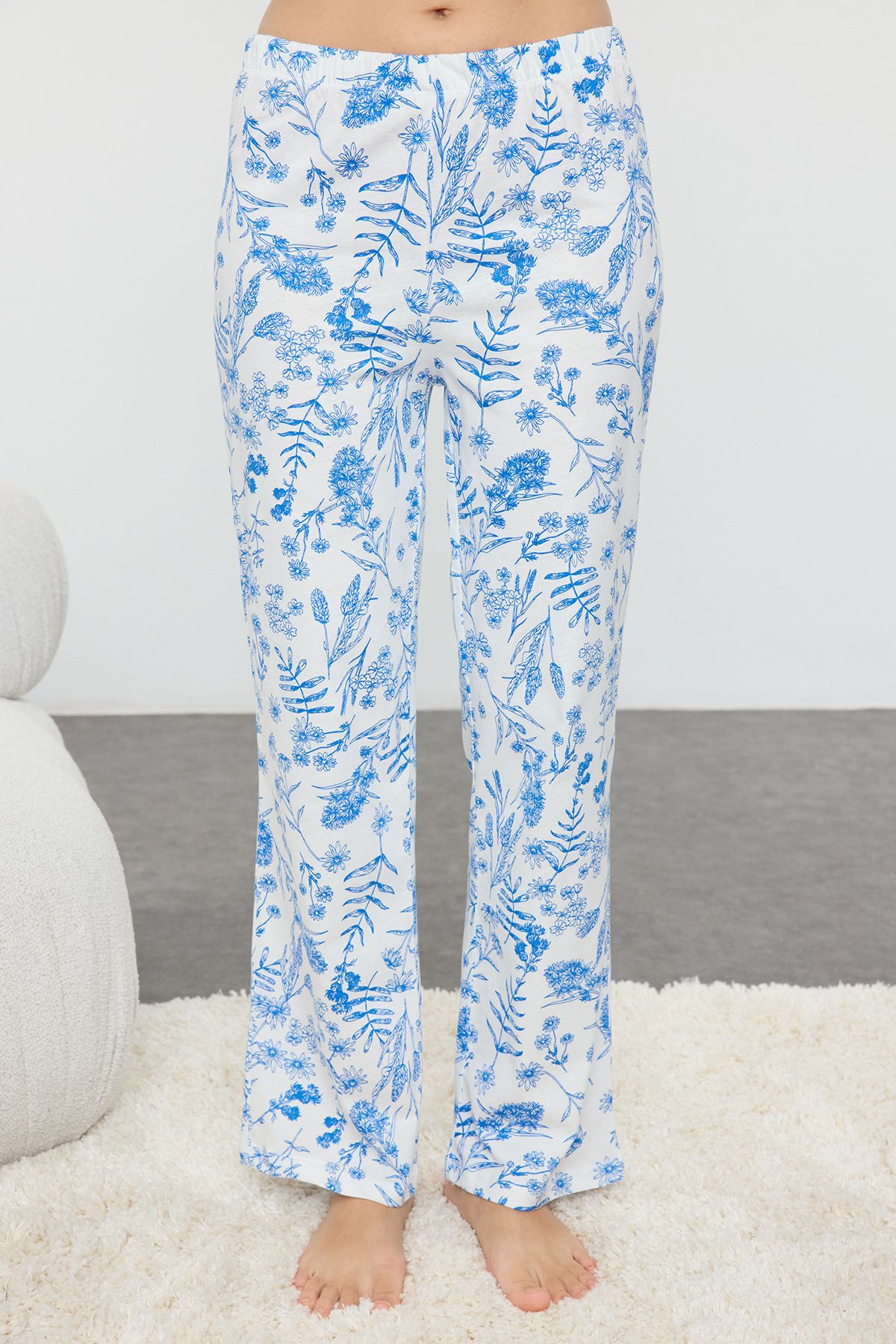 Trendyol Blue 100% Cotton Floral Piping Detailed Knitted Pajamas Set