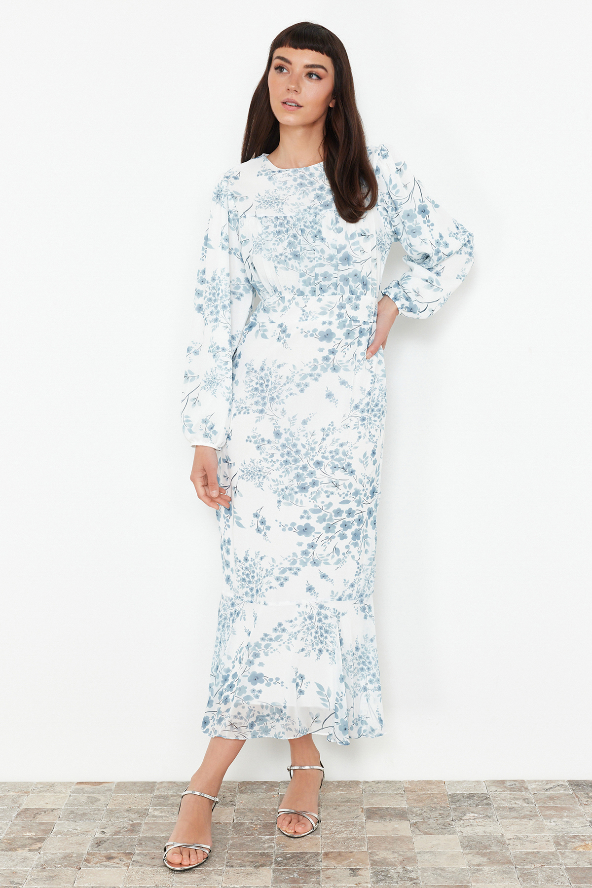 Trendyol Ecru Lined Floral Woven Chiffon Dress
