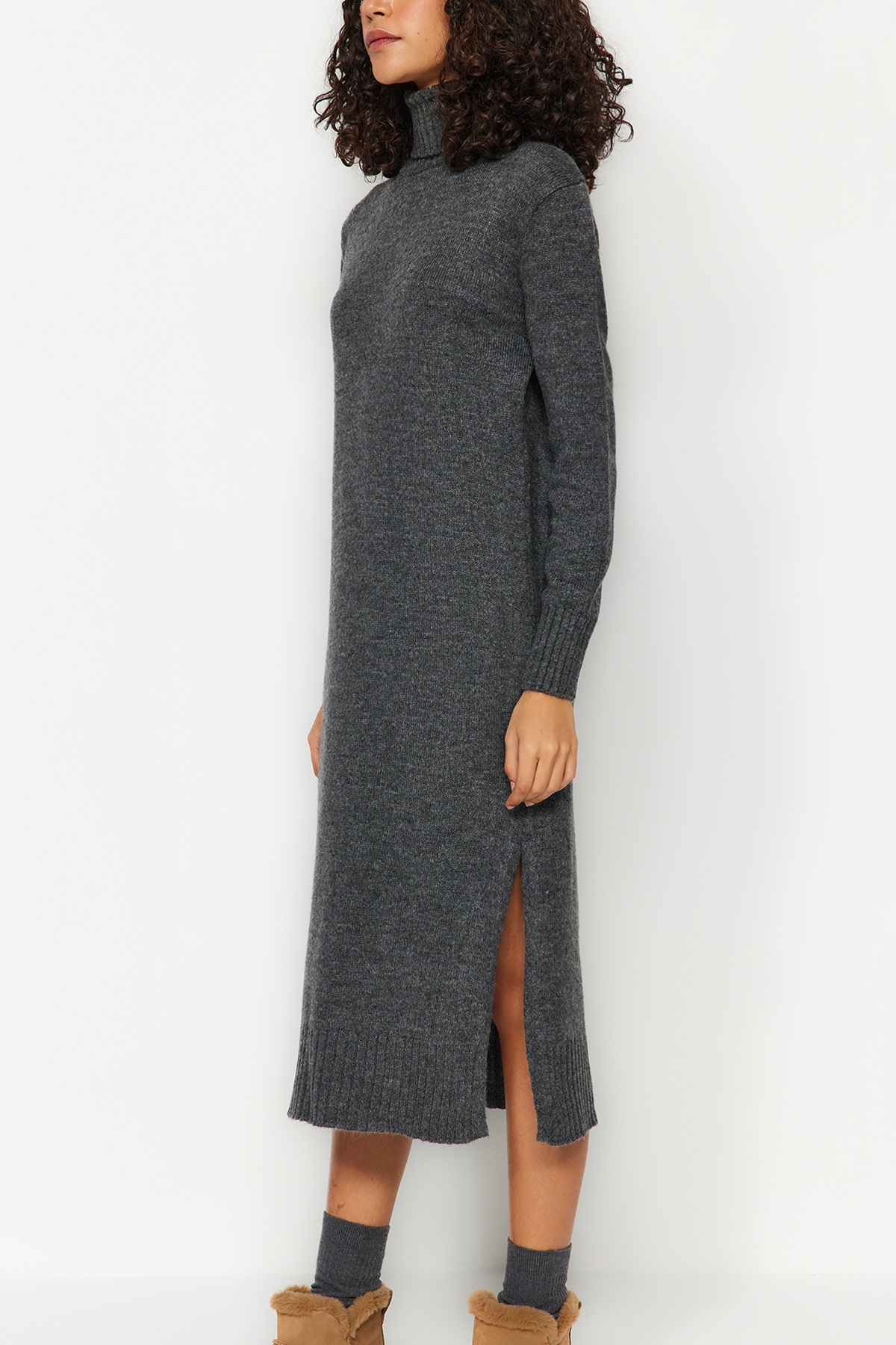 Trendyol Anthracite Midi Knit Wide Pattern Soft Texture Dress