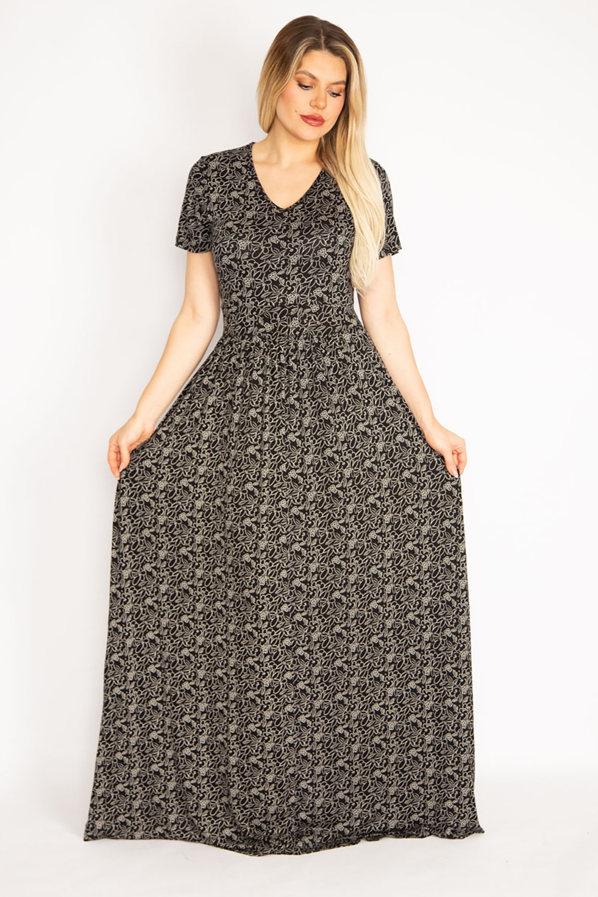 Şans Women's Plus Size Black Waist Gathered Maxi Length Lilac Dress