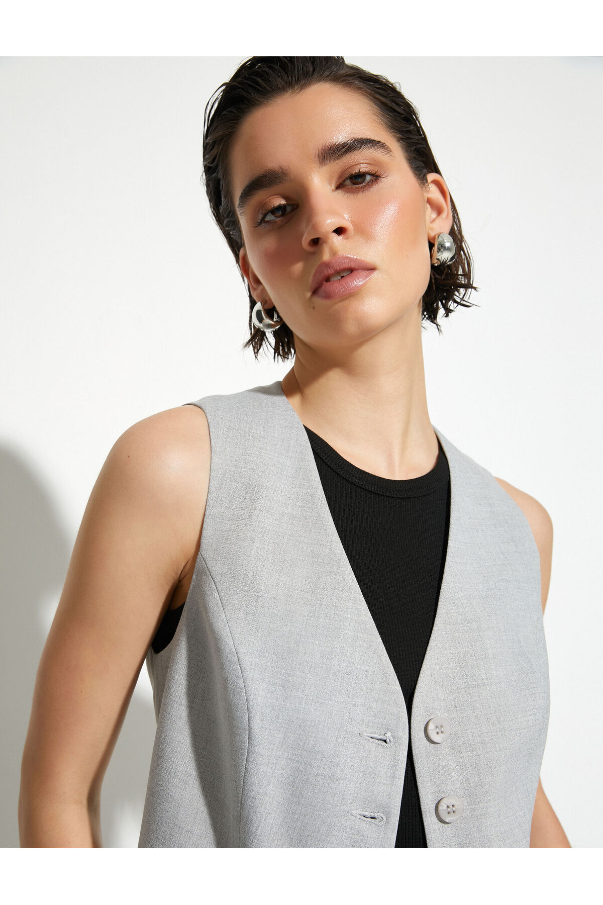 Koton Vest V Neck Buttoned Viscose Blended