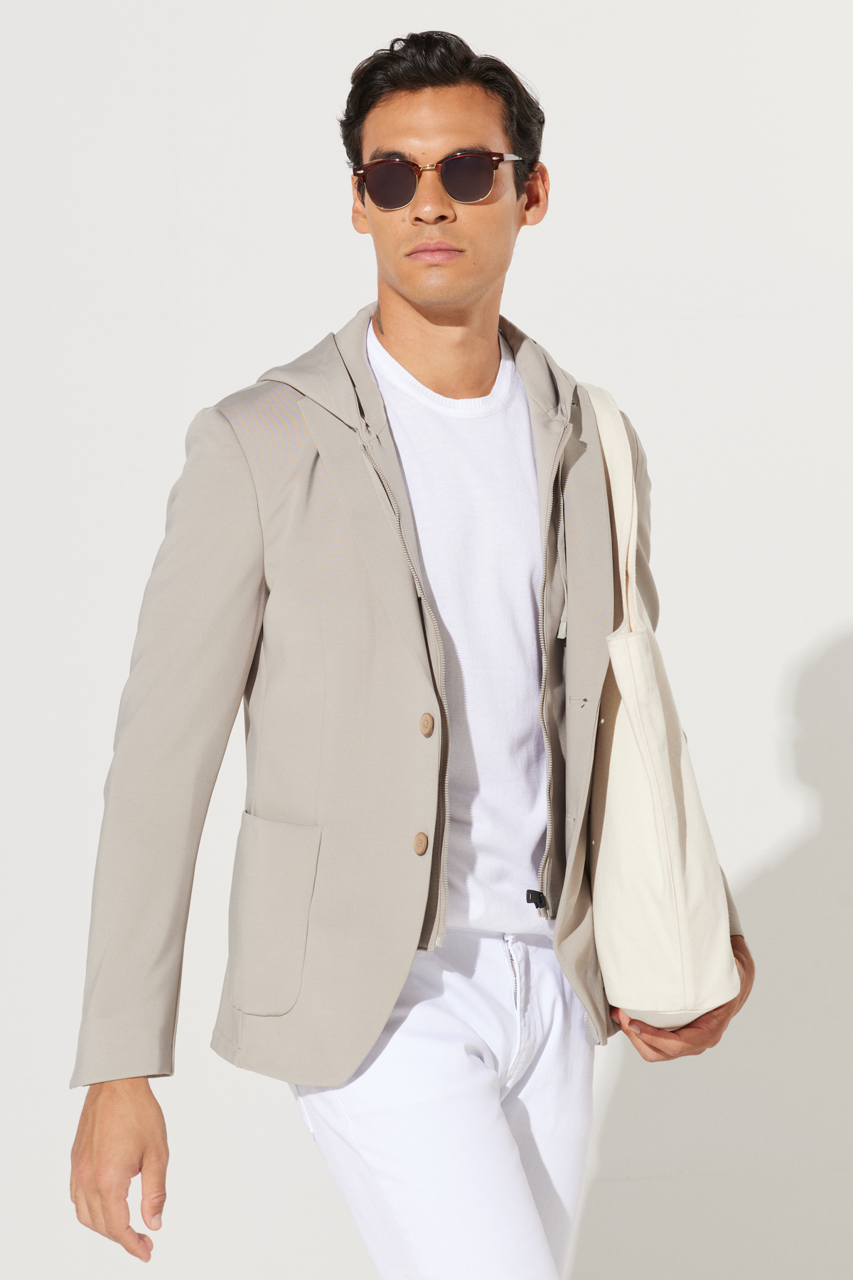 Levně ALTINYILDIZ CLASSICS Men's Beige Slim Fit Slim Fit Mono Collar Cotton Patterned Blazer Jacket