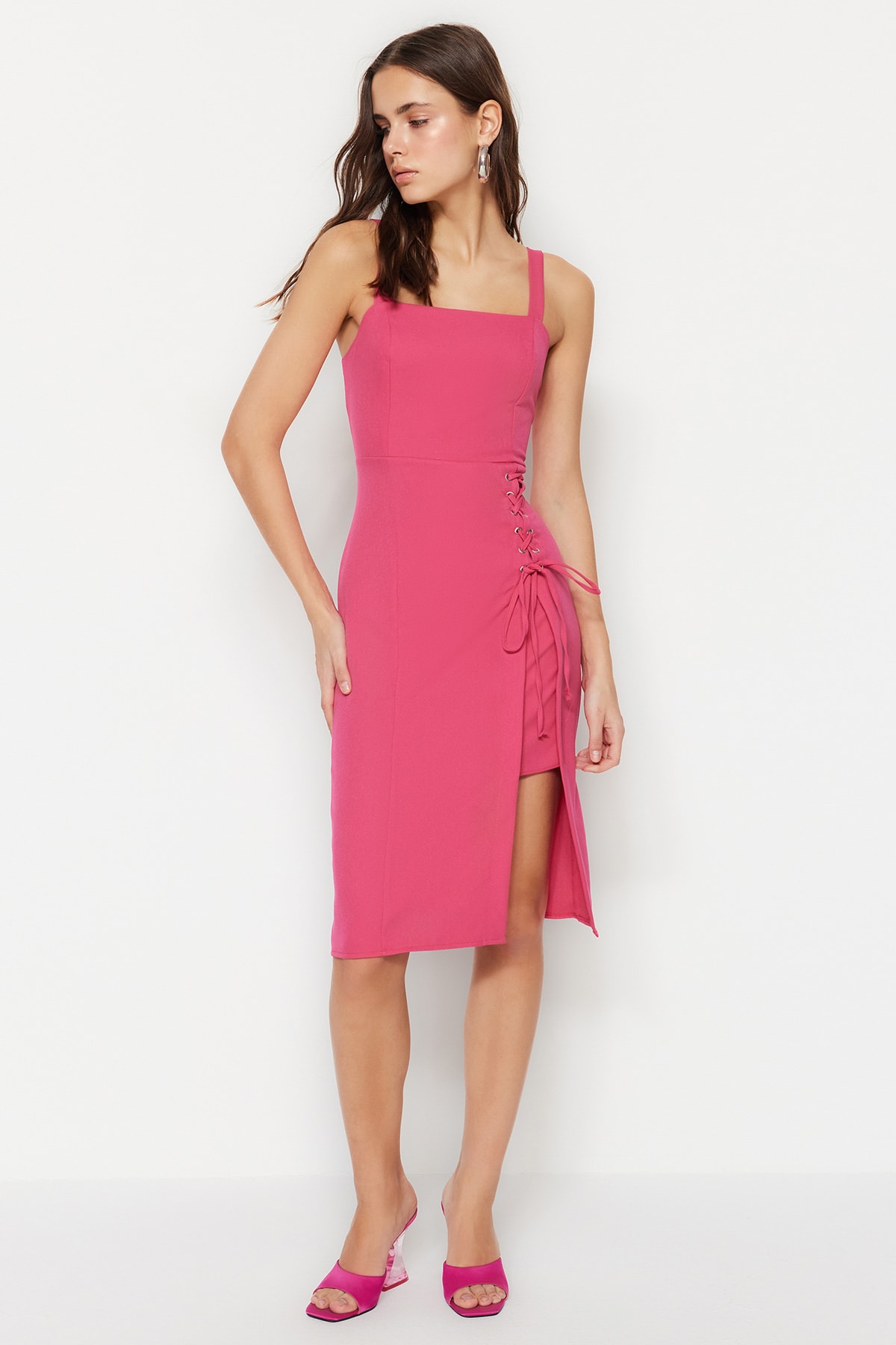 Trendyol Fuchsia Eyelet Rochie țesută detaliată țesută