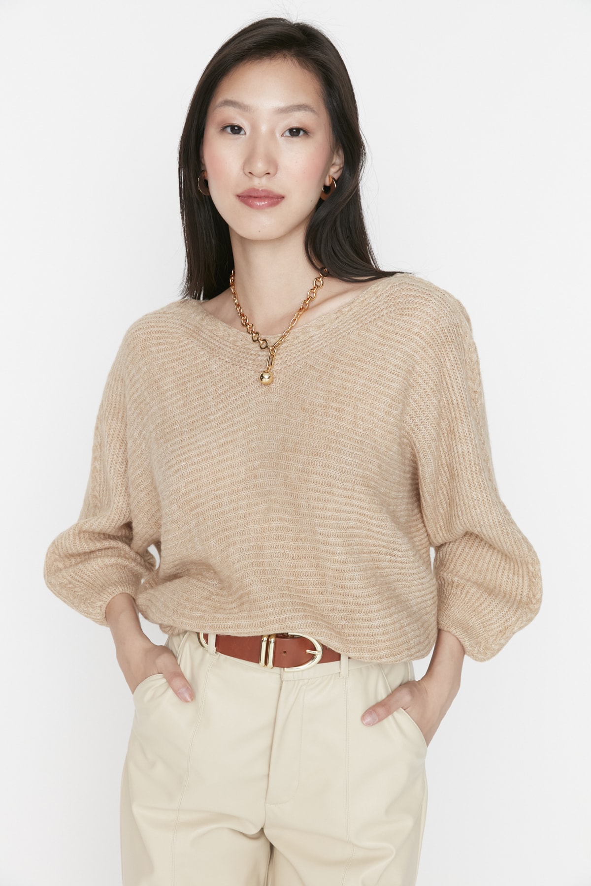 Trendyol Camel Crew Neck Oversized Knitwear Sweater
