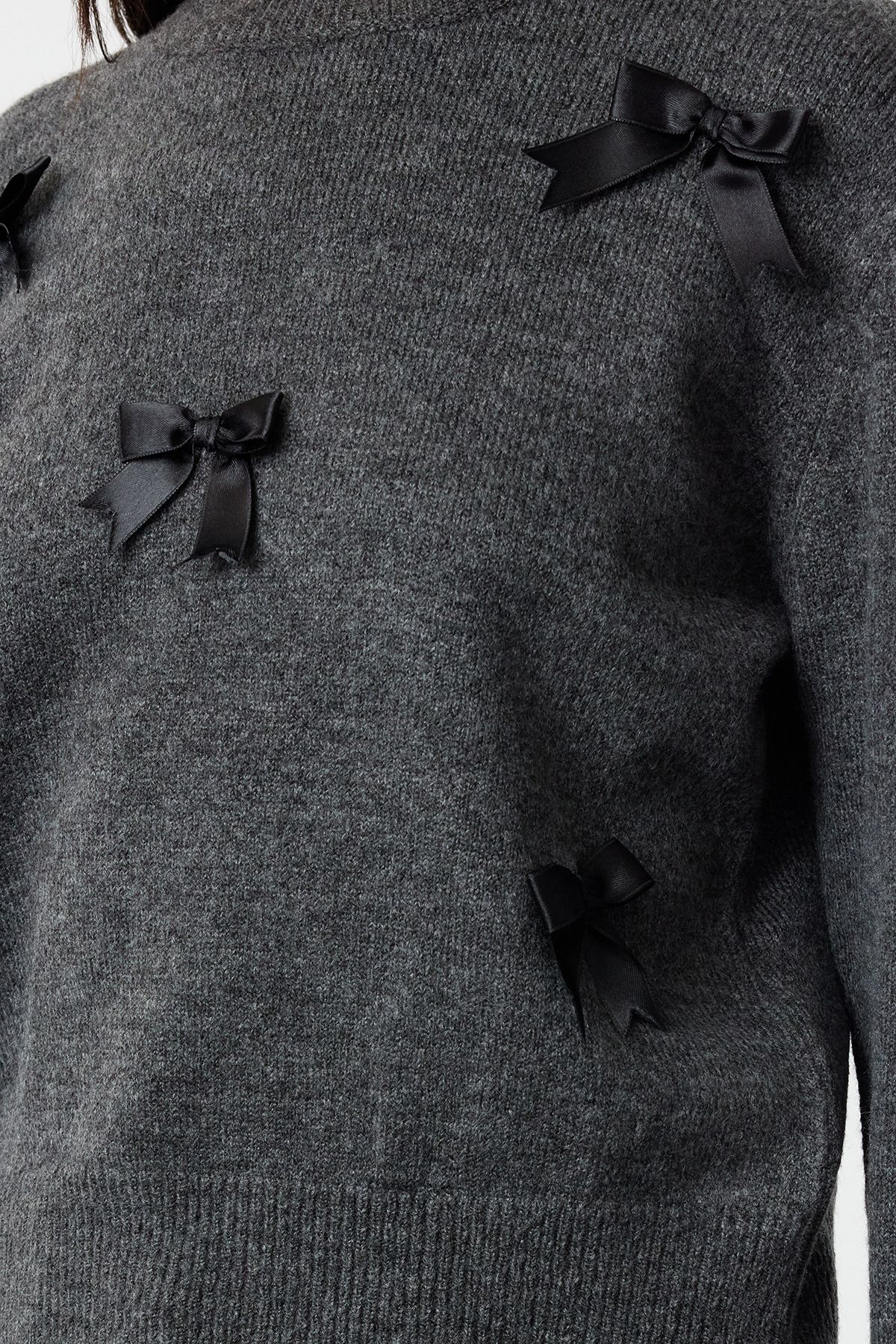 Trendyol Dark Anthracite Soft Texture Ribbon/Bow Detailed Knitwear Sweater