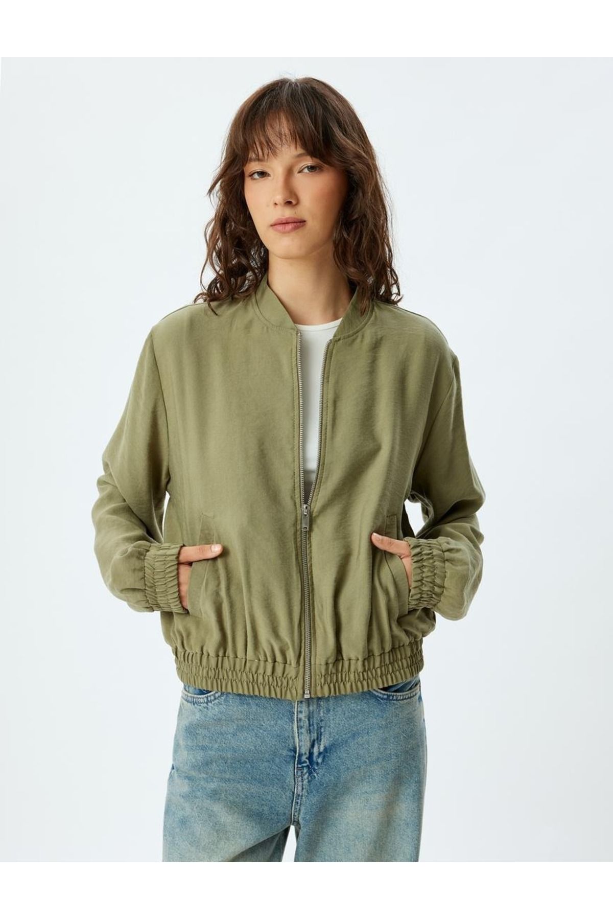 Bomber Jacket Modal Fabric Pocket Round Neck