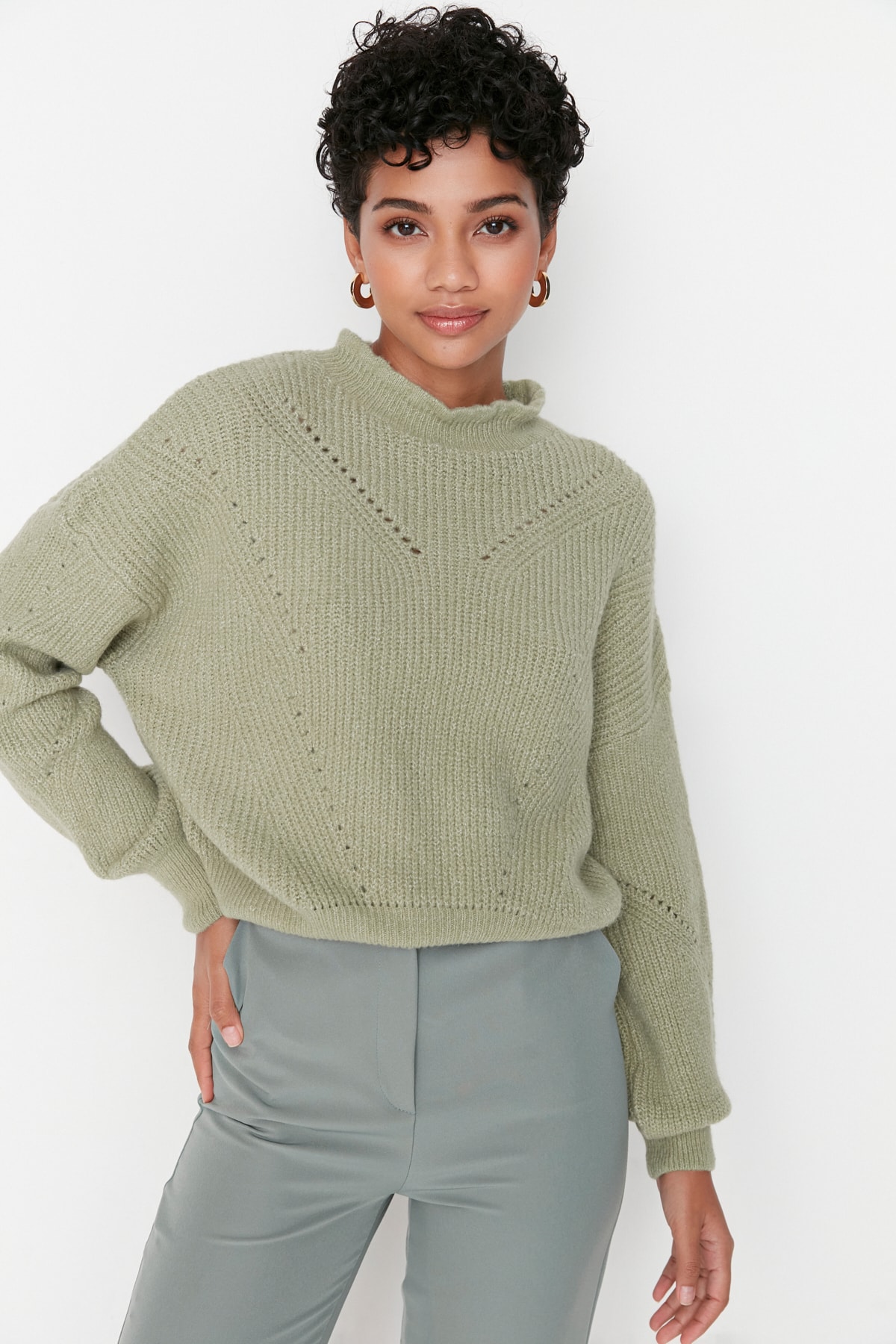 Trendyol Green Soft Textured Openwork/Perforated Knitwear Sweater