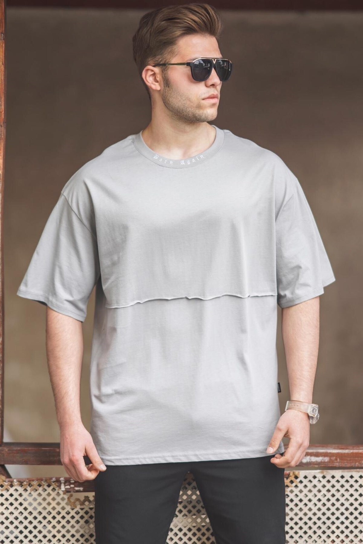 Levně Madmext Men's Gray Oversize Printed T-Shirt 5250