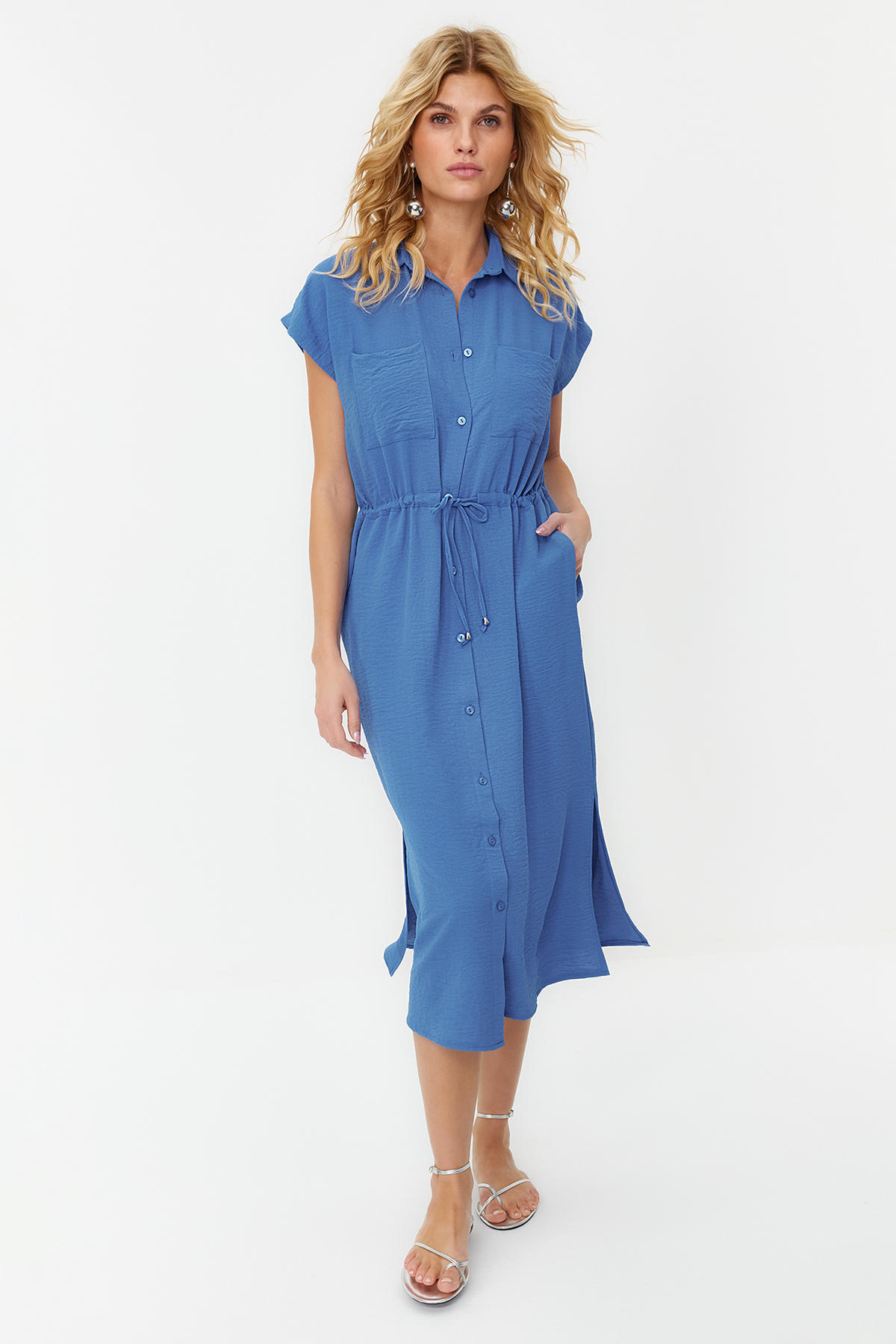 Trendyol Dark Blue Gathered Waist Pocket Detailed Aerobin Midi Woven Dress