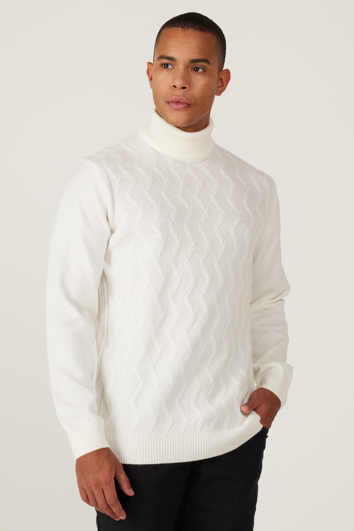 Levně ALTINYILDIZ CLASSICS Men's Ecru Standard Fit Regular Cut Full Turtleneck Ruffled Soft Textured Knitwear Sweater