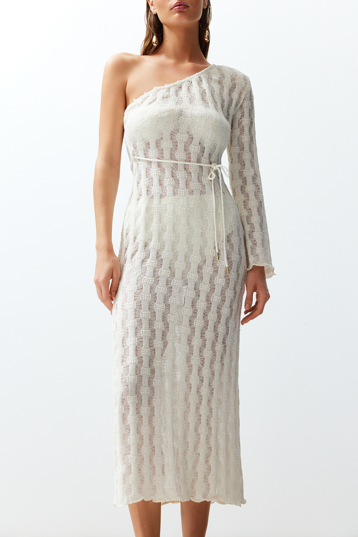 Trendyol Beige Belted Bodycon Knitwear Look One Shoulder Beach Dress