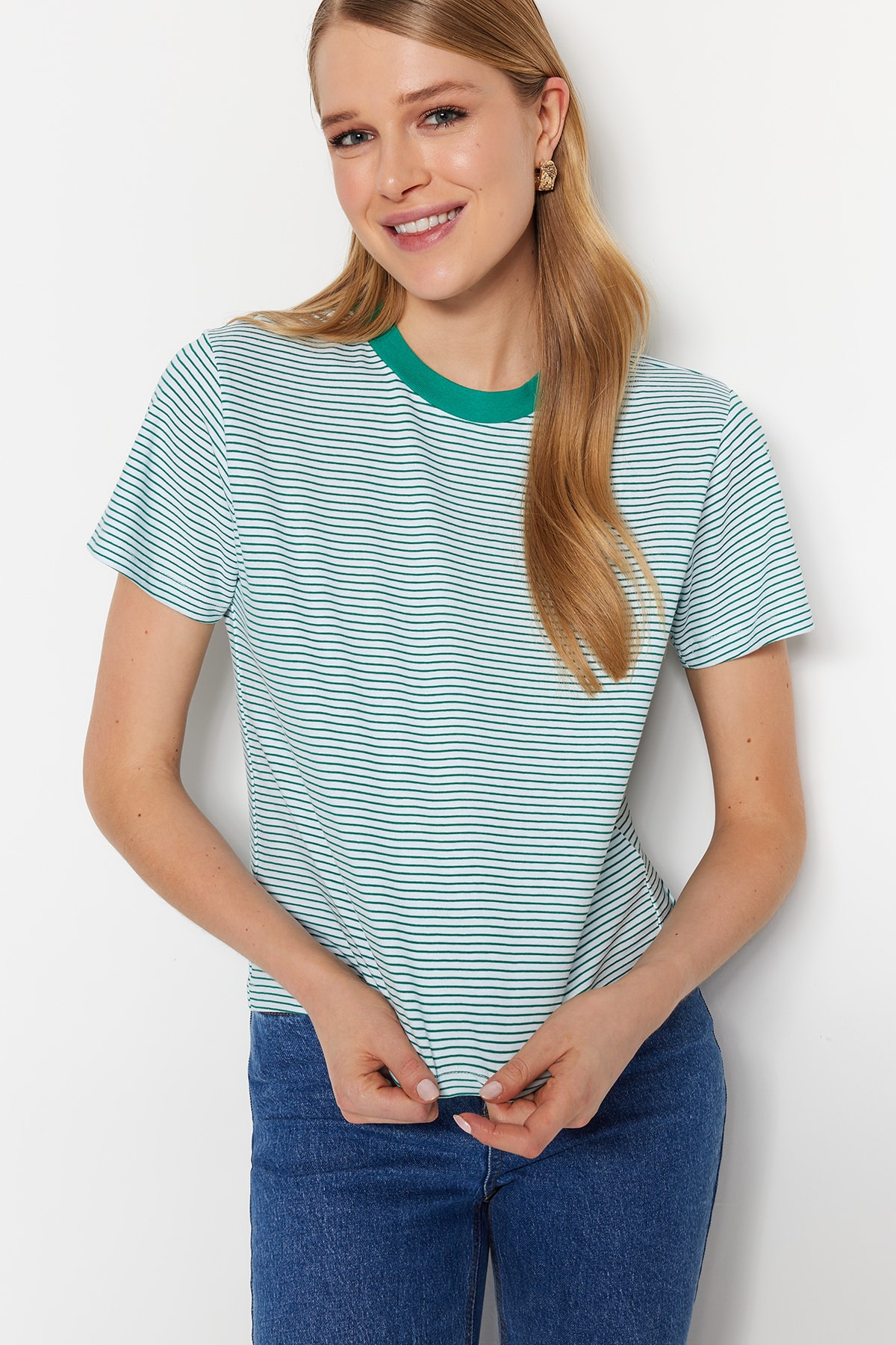 Trendyol Striped Green Ecru Premium Basic Crew Neck Knitted T-Shirt