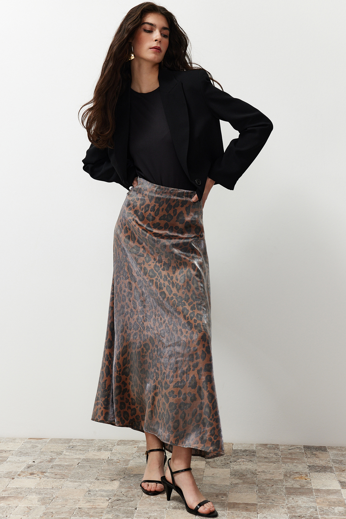 Trendyol Brown Leopard Patterned Satin Woven Skirt