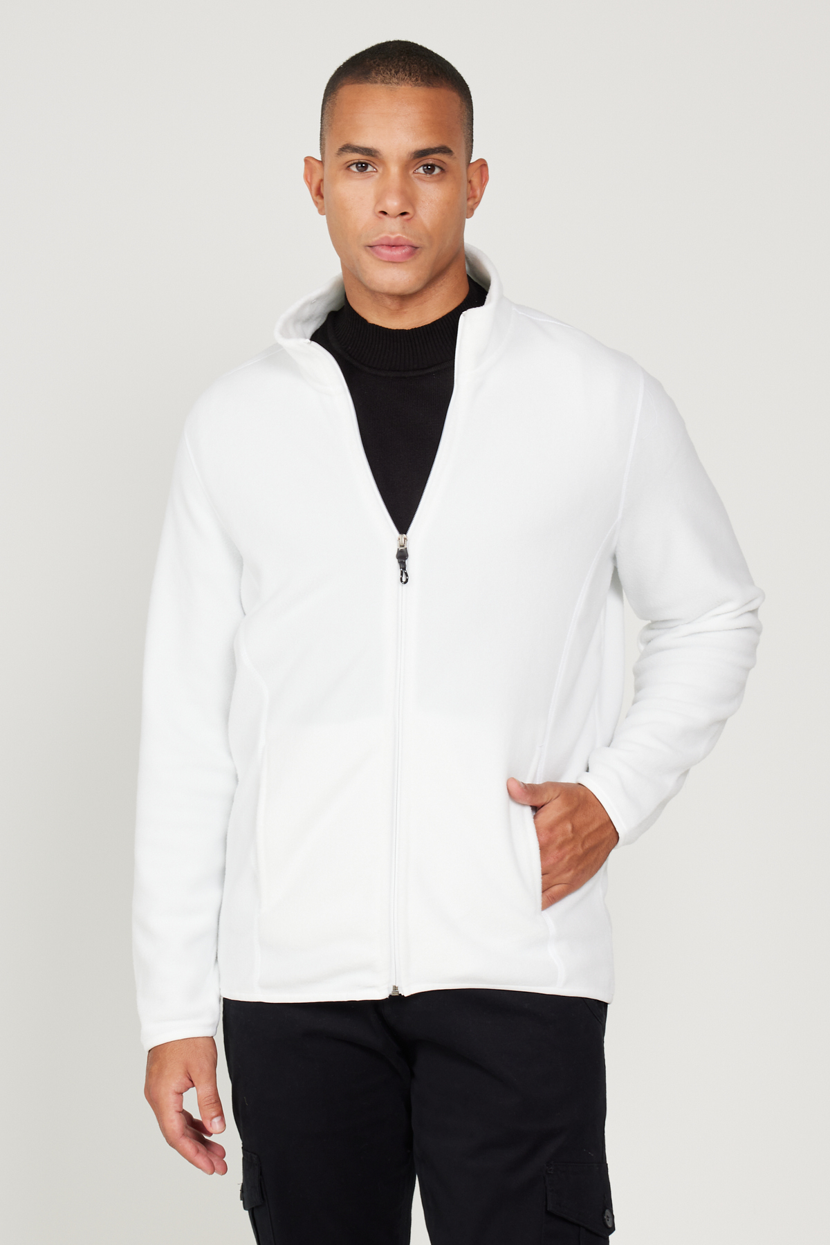 AC&Co / Altınyıldız Classics Men's White Anti-pilling Anti-Pilling Standard Fit High Bato Collar Sweatshirt Fleece Jacket