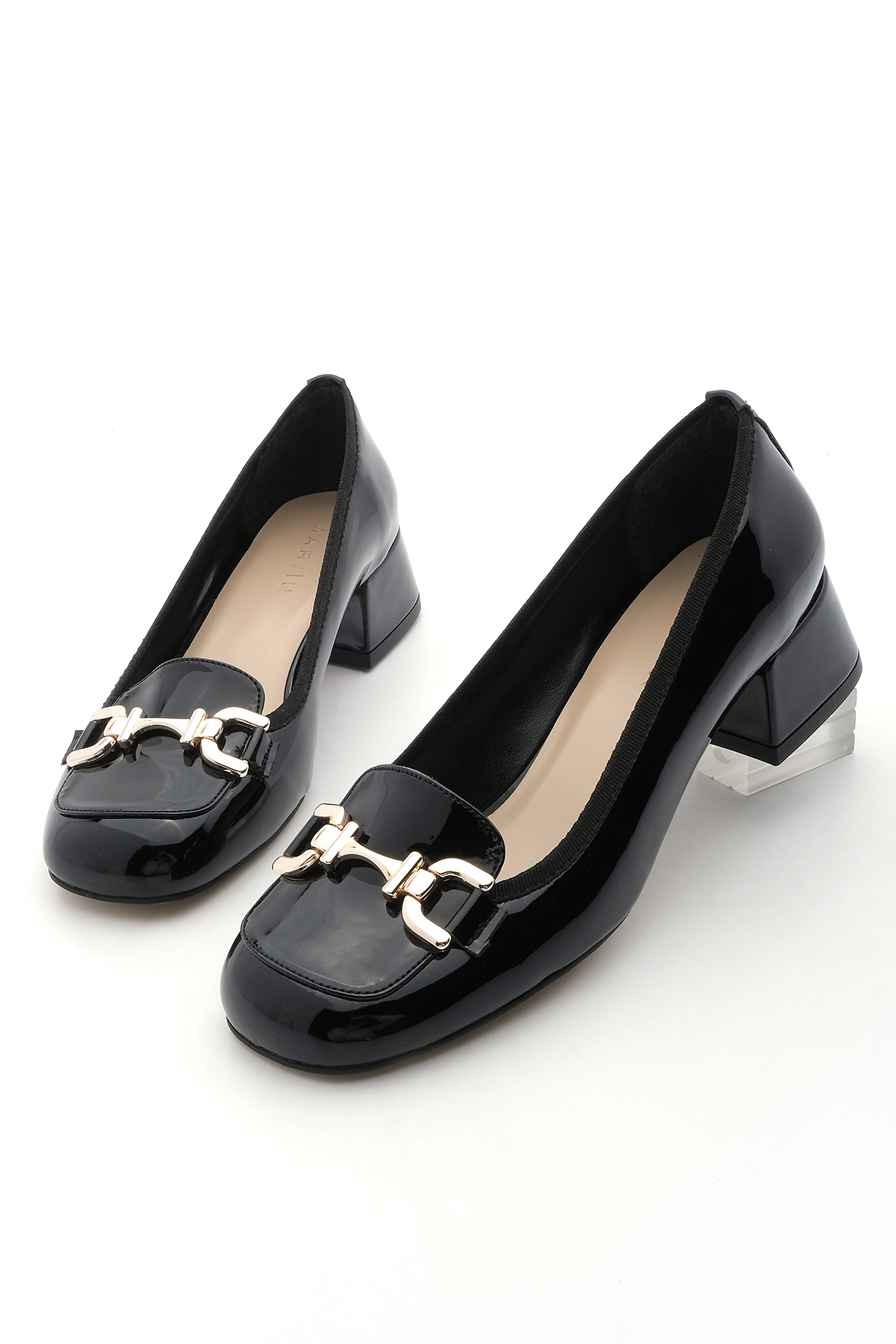 Levně Marjin Women's Chunky Heel Buckled Flat Toe Classic Heeled Shoes Alesa Black Patent Leather
