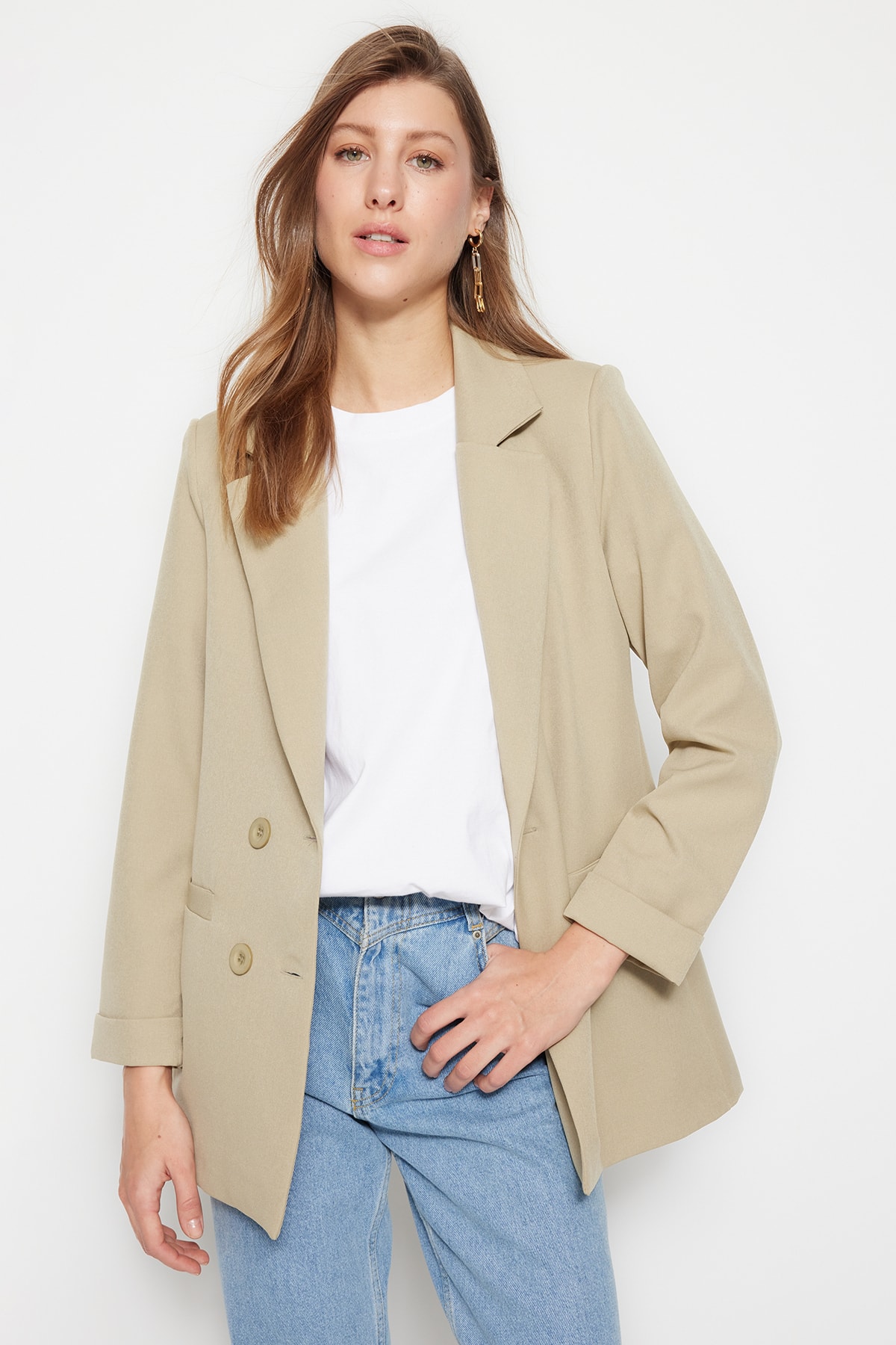 Trendyol Light Khaki Two-Button Lined Blazer Woven Jacket