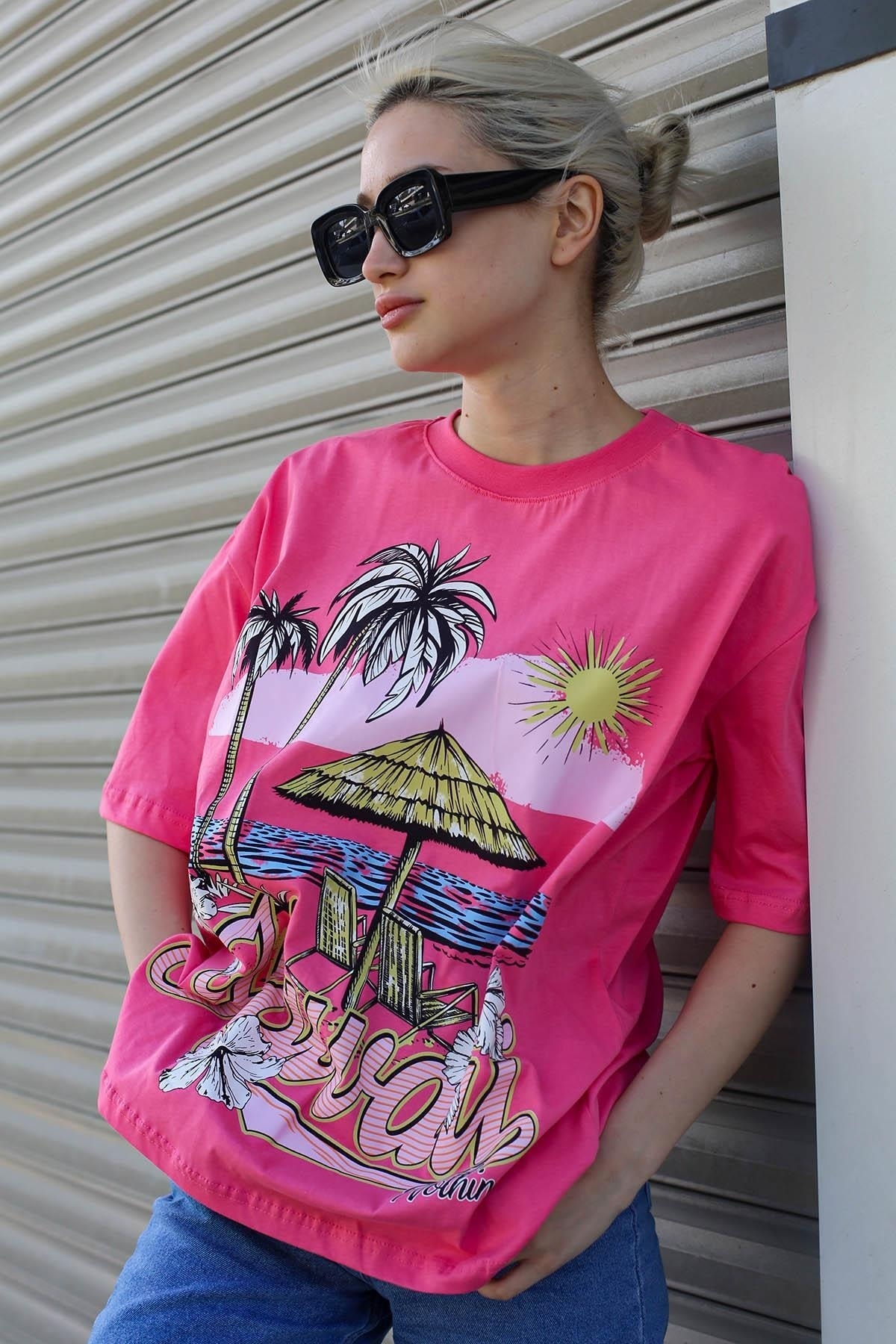 Levně Madmext Powder Pink Printed Crew Neck Women's T-Shirt