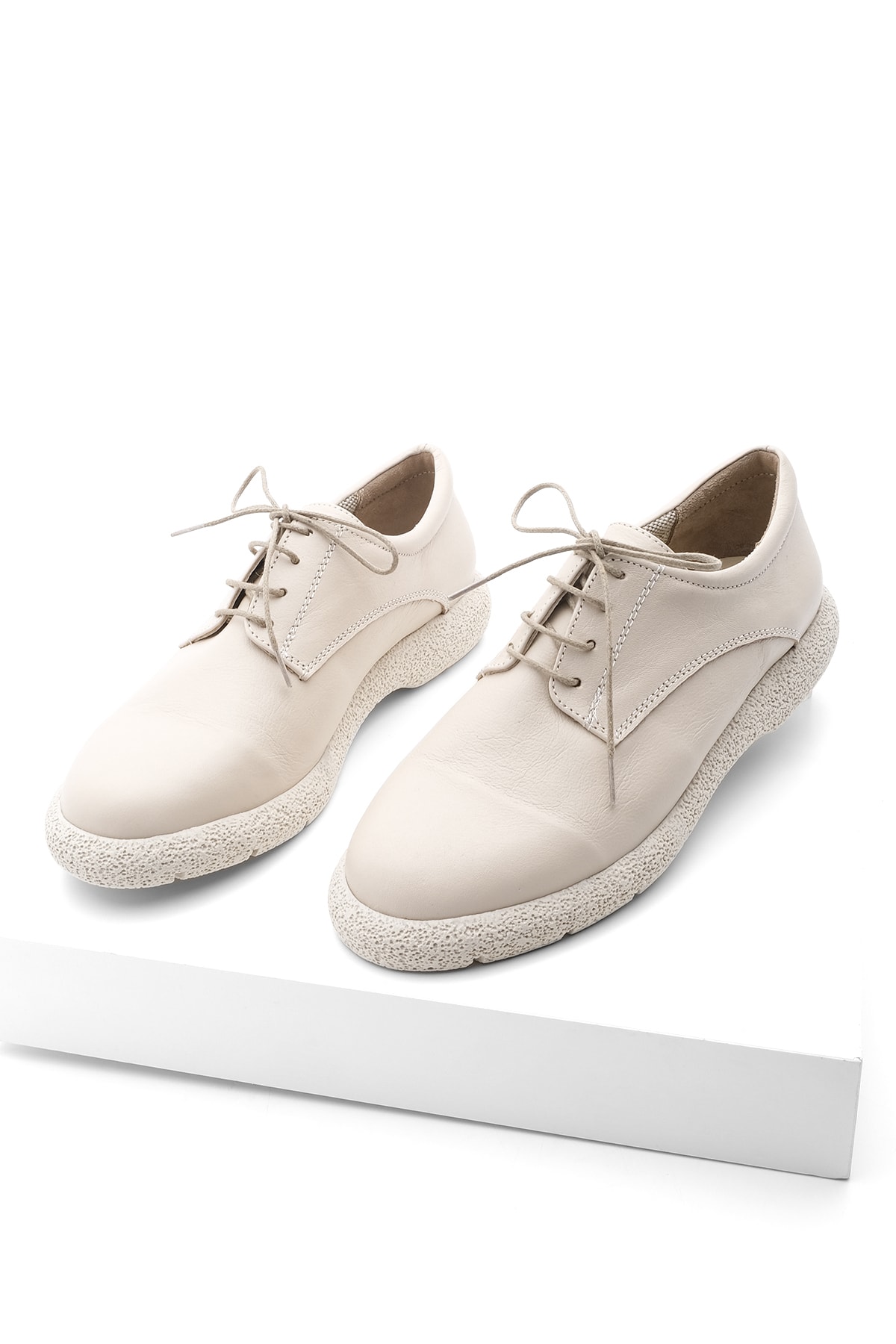 Marjin Women's Genuine Leather Oxford Shoes with Lace-up Casual Shoes, Allen Ring Beige.