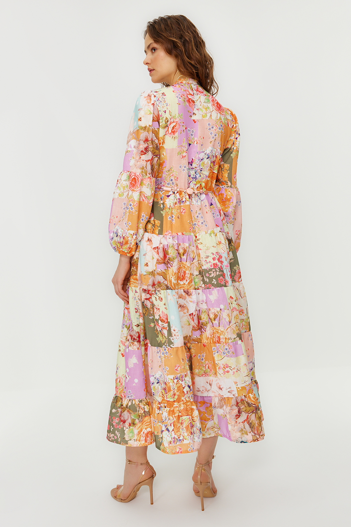 Trendyol Multicolored Floral Patterned Linen Look Woven Dress with Belt Detail
