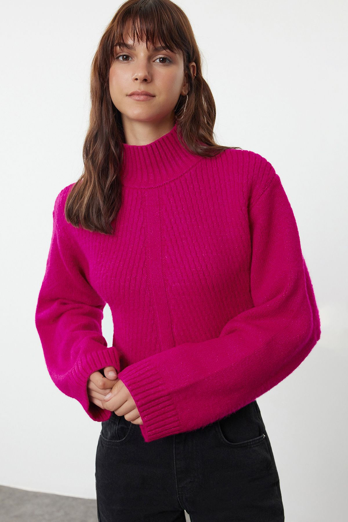 Trendyol Fuchsia Crop Soft Textured Stand Collar Knitwear Sweater