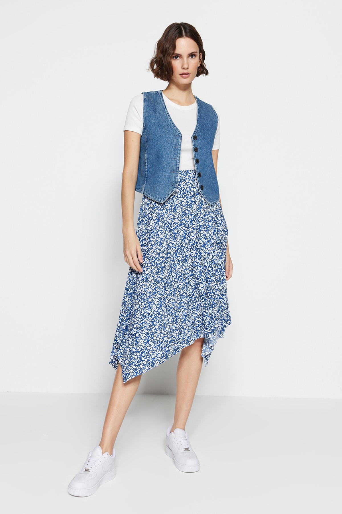 Trendyol Indigo Patterned Ruffle Asymmetrical High Waist Midi Stretch Knit Skirt