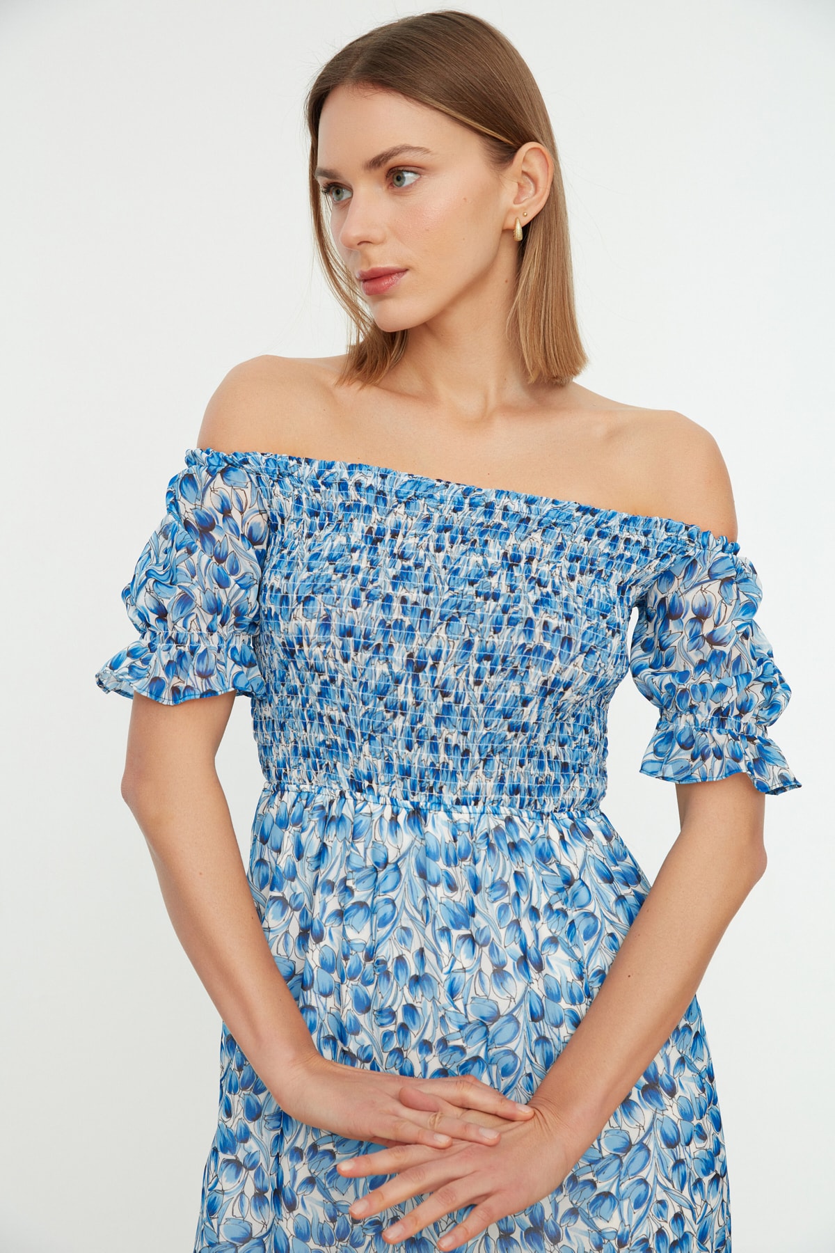 Trendyol Blue Floral Madonna Collar Waist Chiffon Gimped Midi Lined Woven Dress