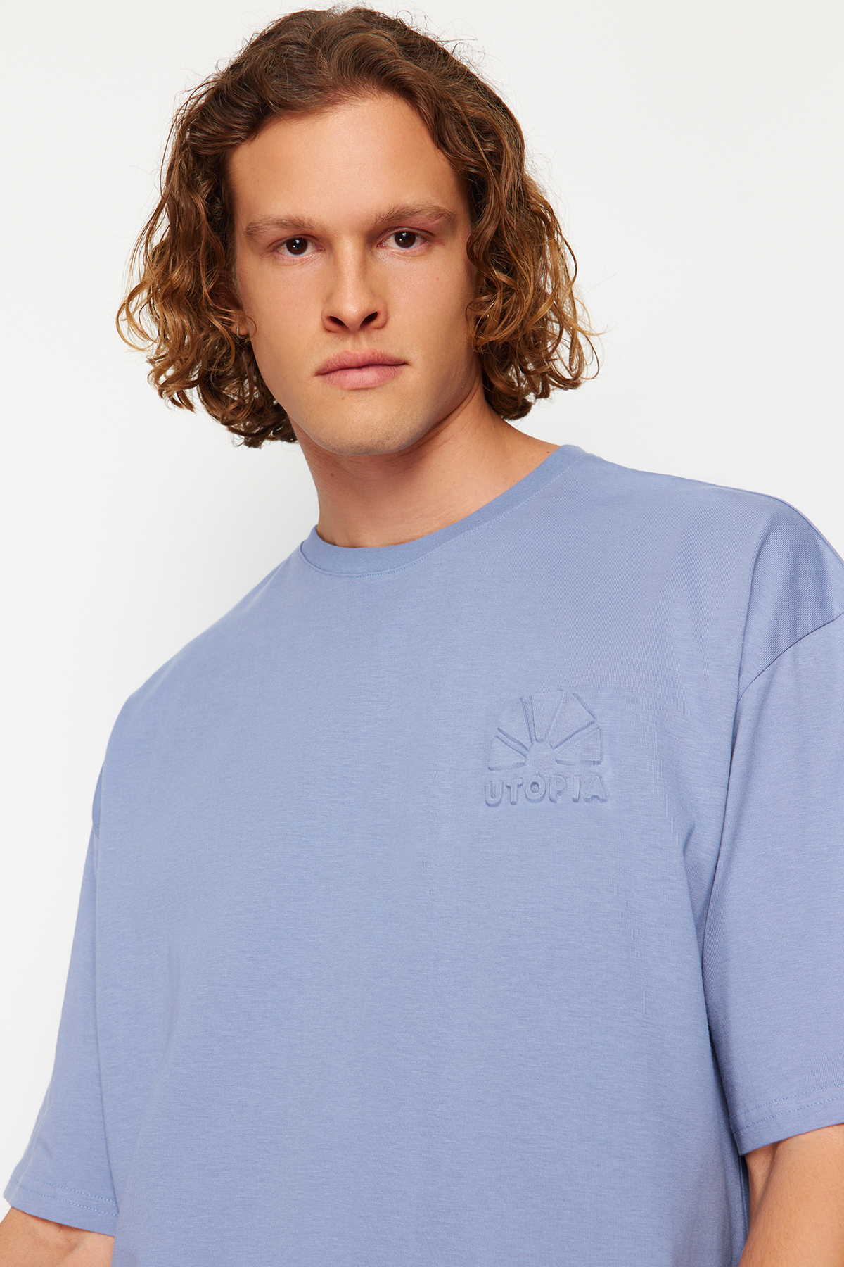 Trendyol Blue Oversize Embossed Printed 100% Cotton T-Shirt