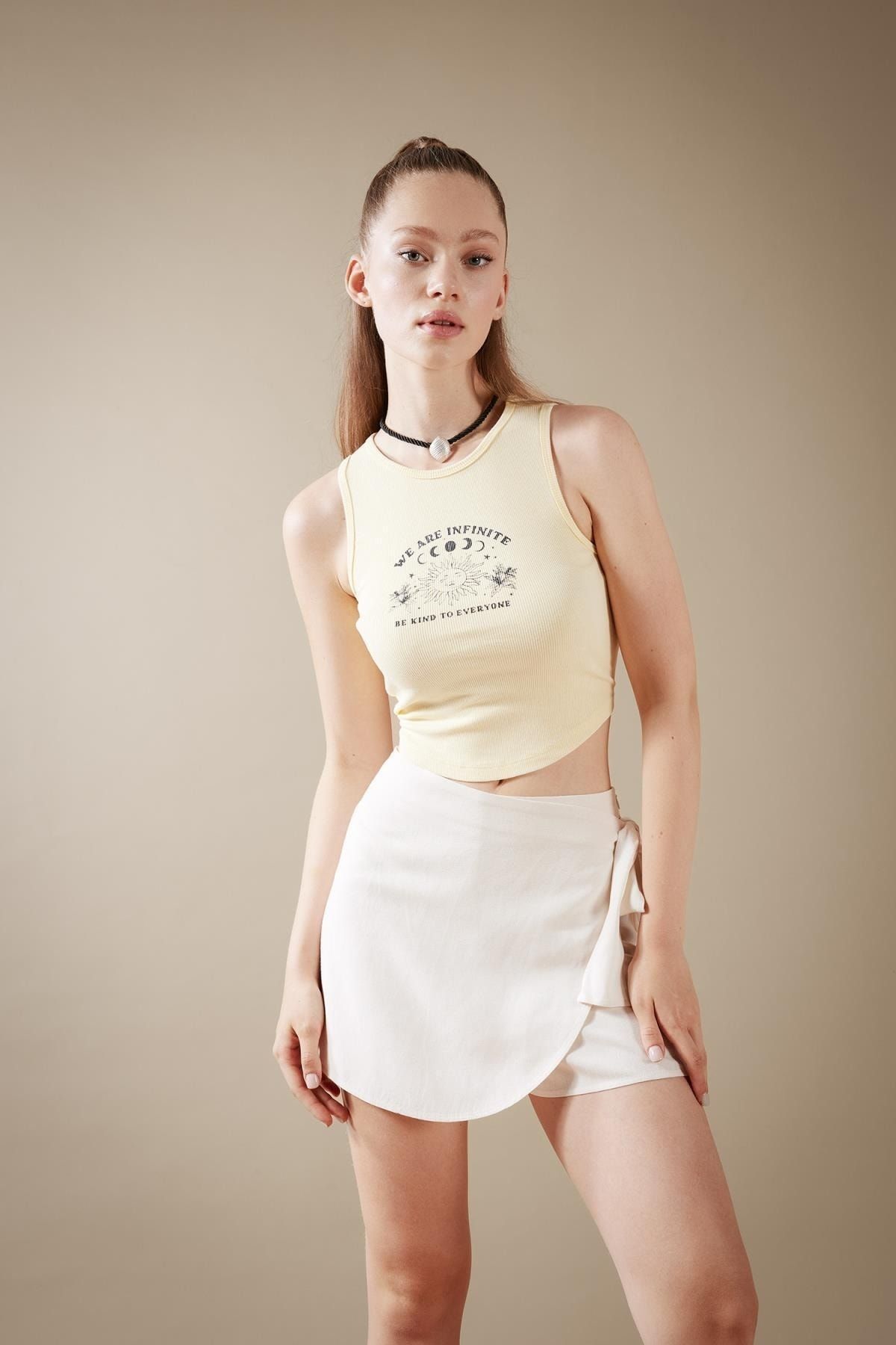 DEFACTO Fitted Printed Crew Neck Ribbed Camisole Washed Pale Effect Undershirt