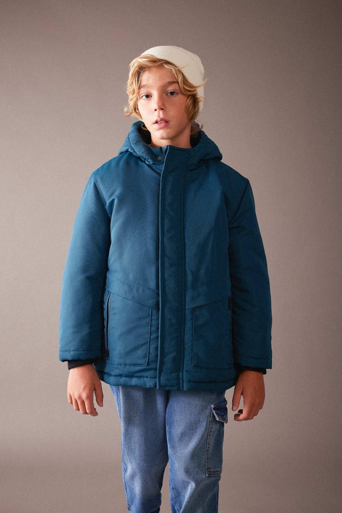 DEFACTO Boy's Water Repellent Hooded Fleece Lined Coat