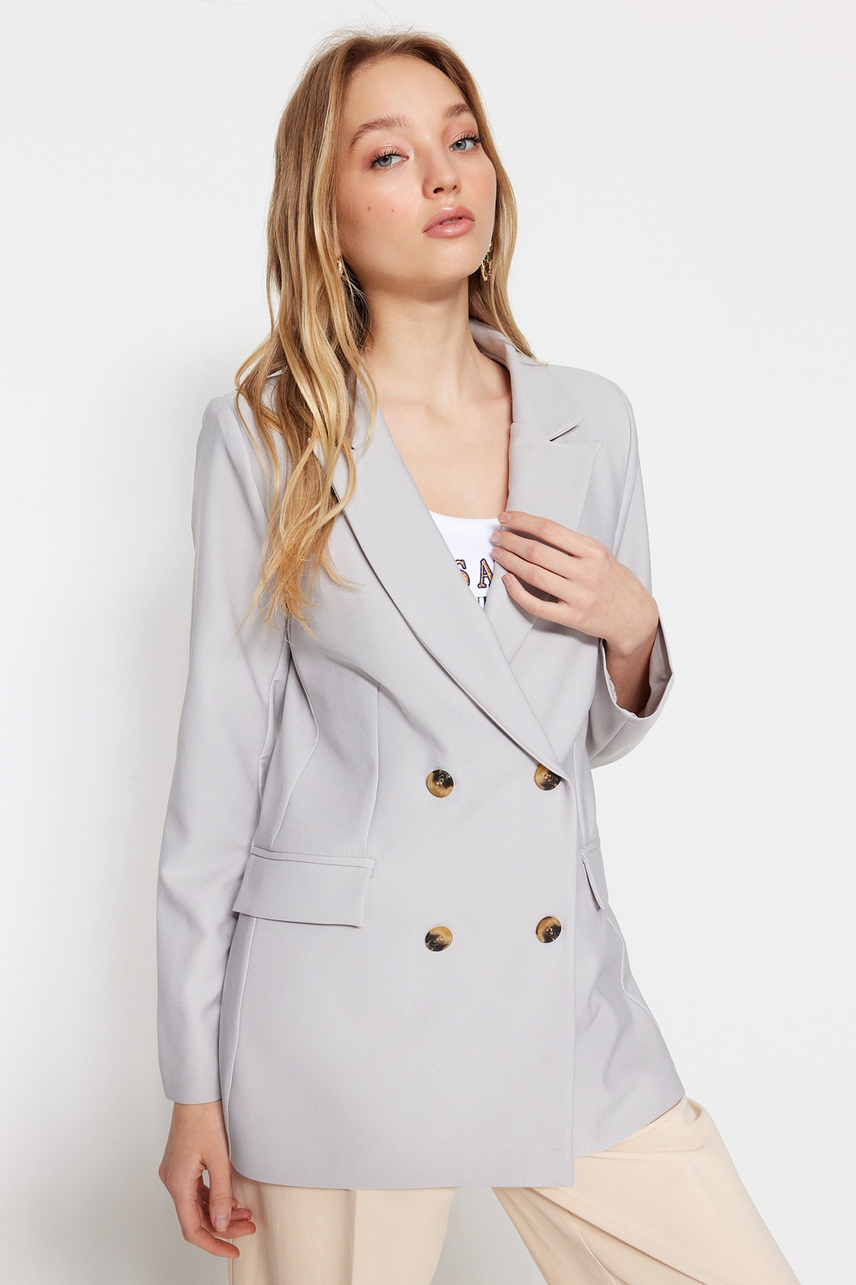 Levně Trendyol Gray Woven Lined Double Breasted Blazer with Closure