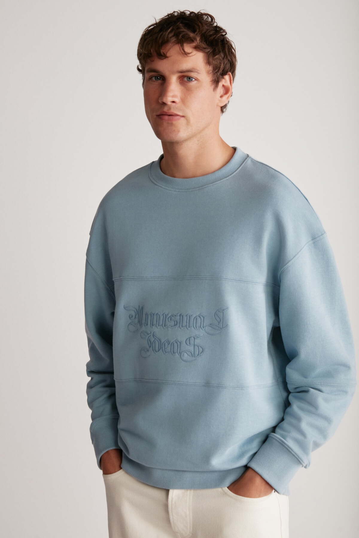 GRIMELANGE Drago Men’s Oversize Fit Piece Front Embroidered Round Collar Sweatshirt