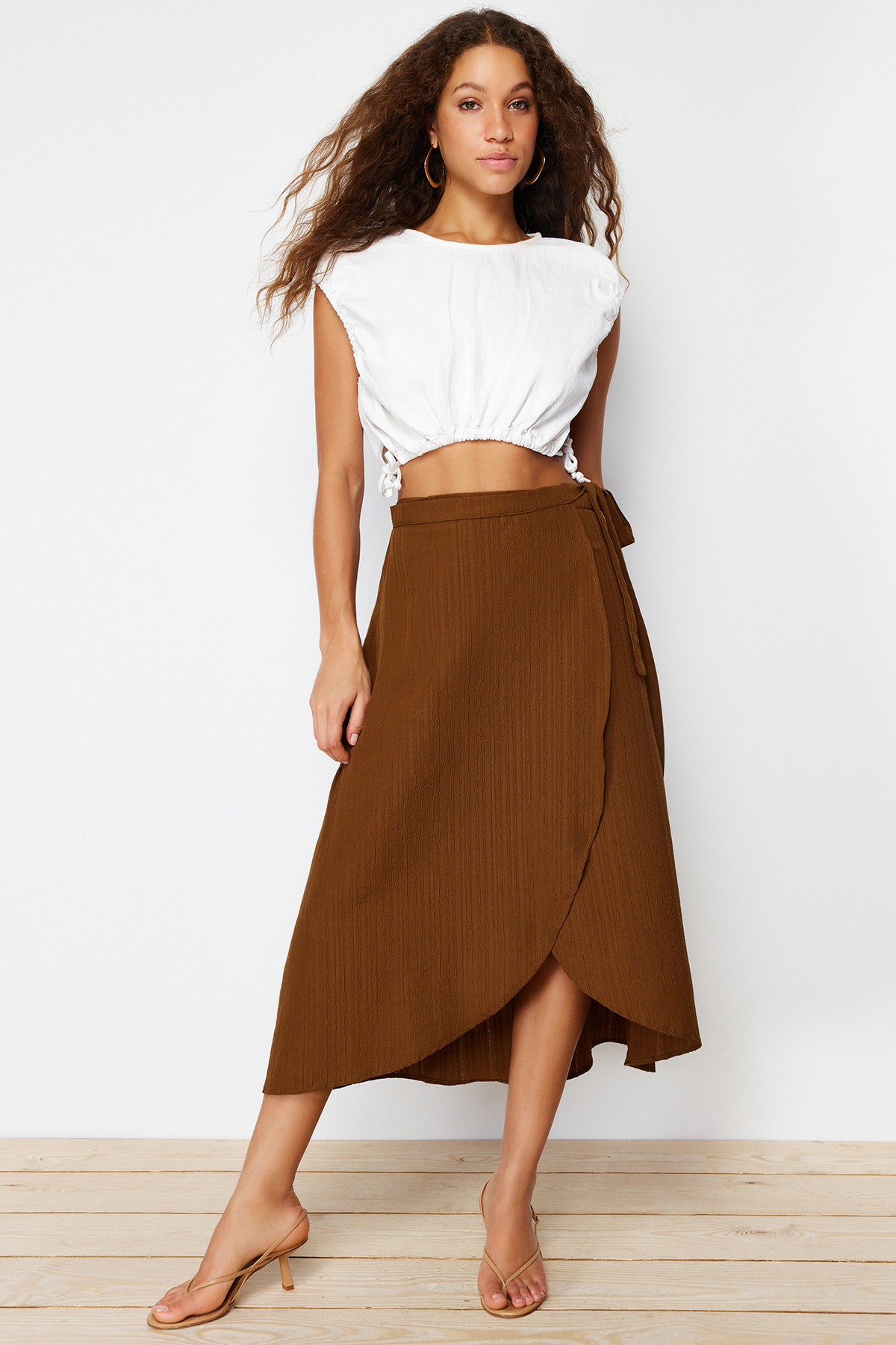 Trendyol Camel Double Breasted Closure Tie Detailed Midi Woven Skirt