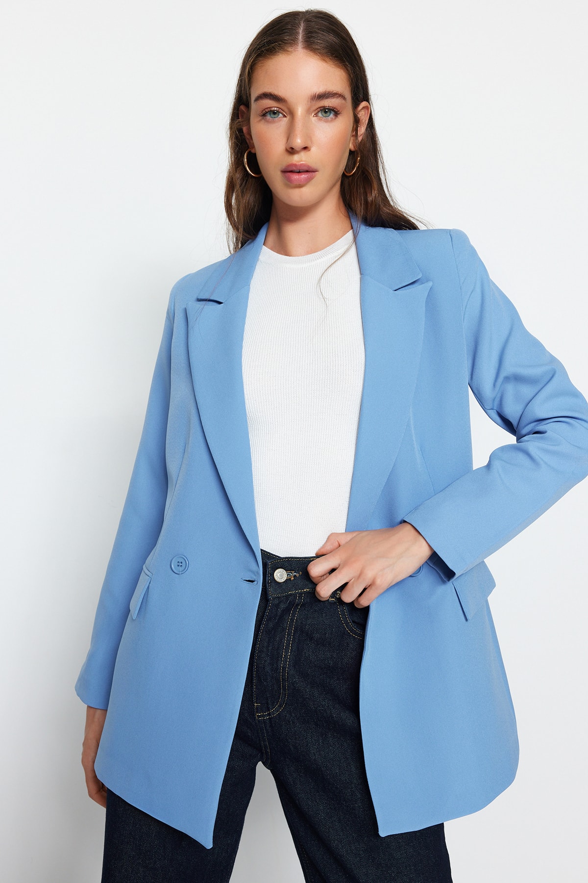 Trendyol Dark Blue Regular Lined Double Breasted Closure Woven Blazer Jacket