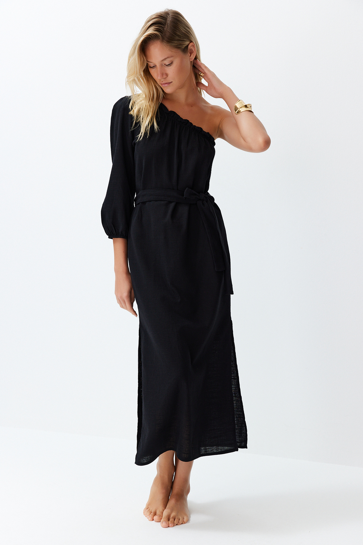 Trendyol Black Belted Maxi Woven Linen Blend One Shoulder Beach Dress