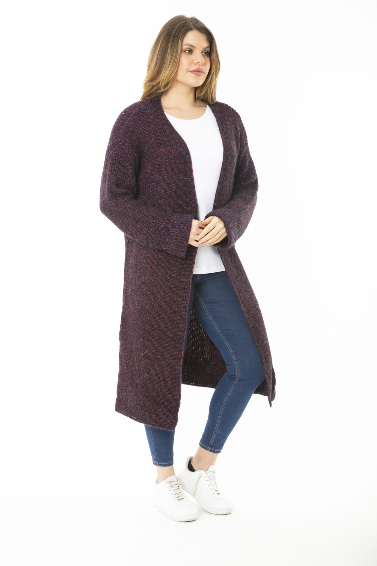 Levně Şans Women's Plus Size Purple Long Sweater Long Cardigan with a Slit