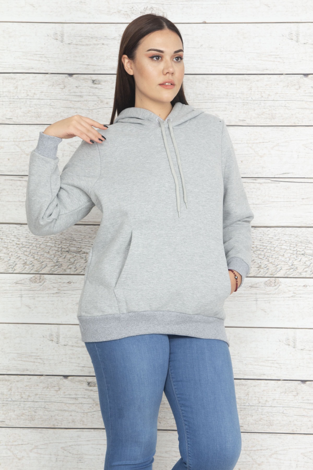 Şans Women's Plus Size Gray Hooded Raising Sweatshirt