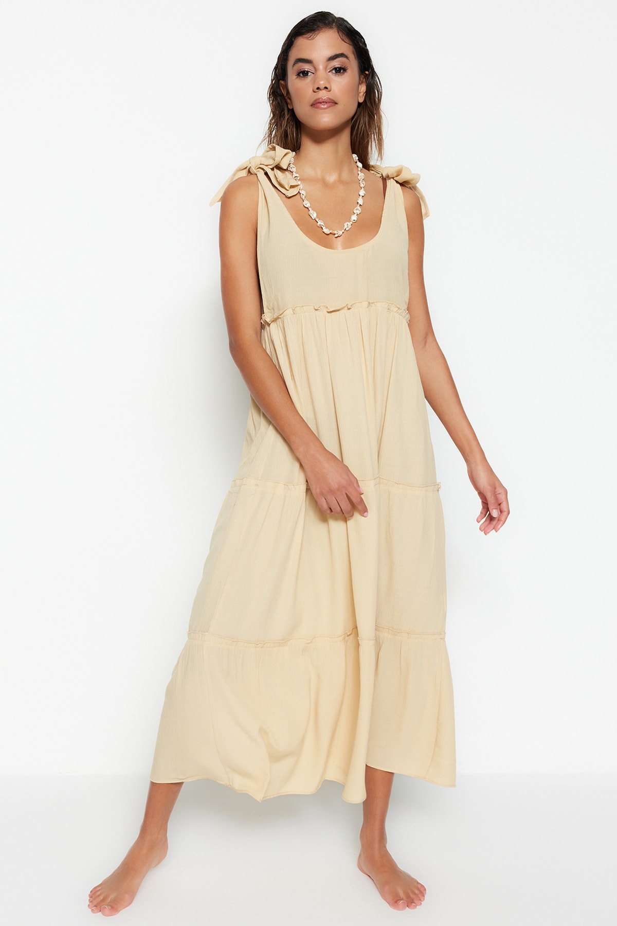 Trendyol Beige Maxi Weave Ruffled Beach Dress