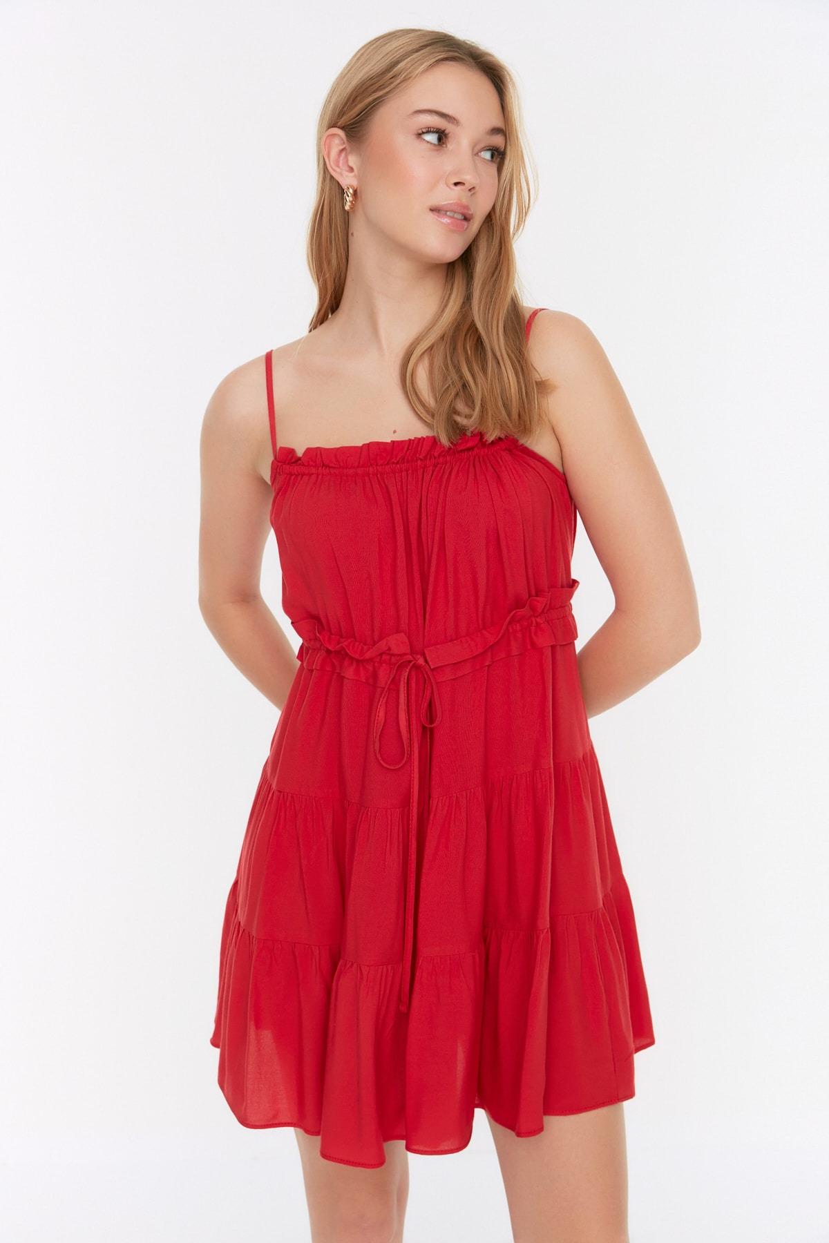 Trendyol Red Petite Waist Opening Super Mini Woven Waist Gathered Woven Dress