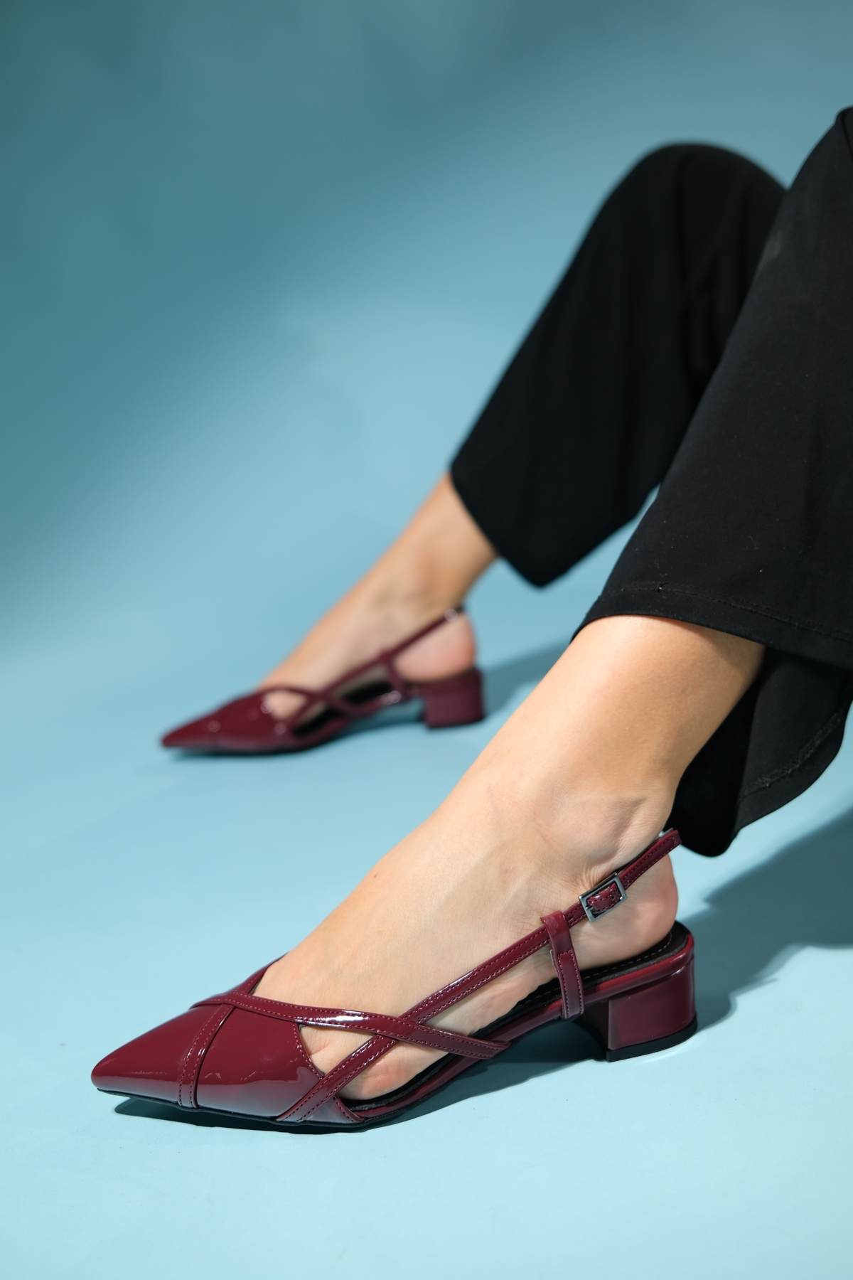 Levně LuviShoes STEVE Claret Red Patent Leather Women's Low Heel Sandals