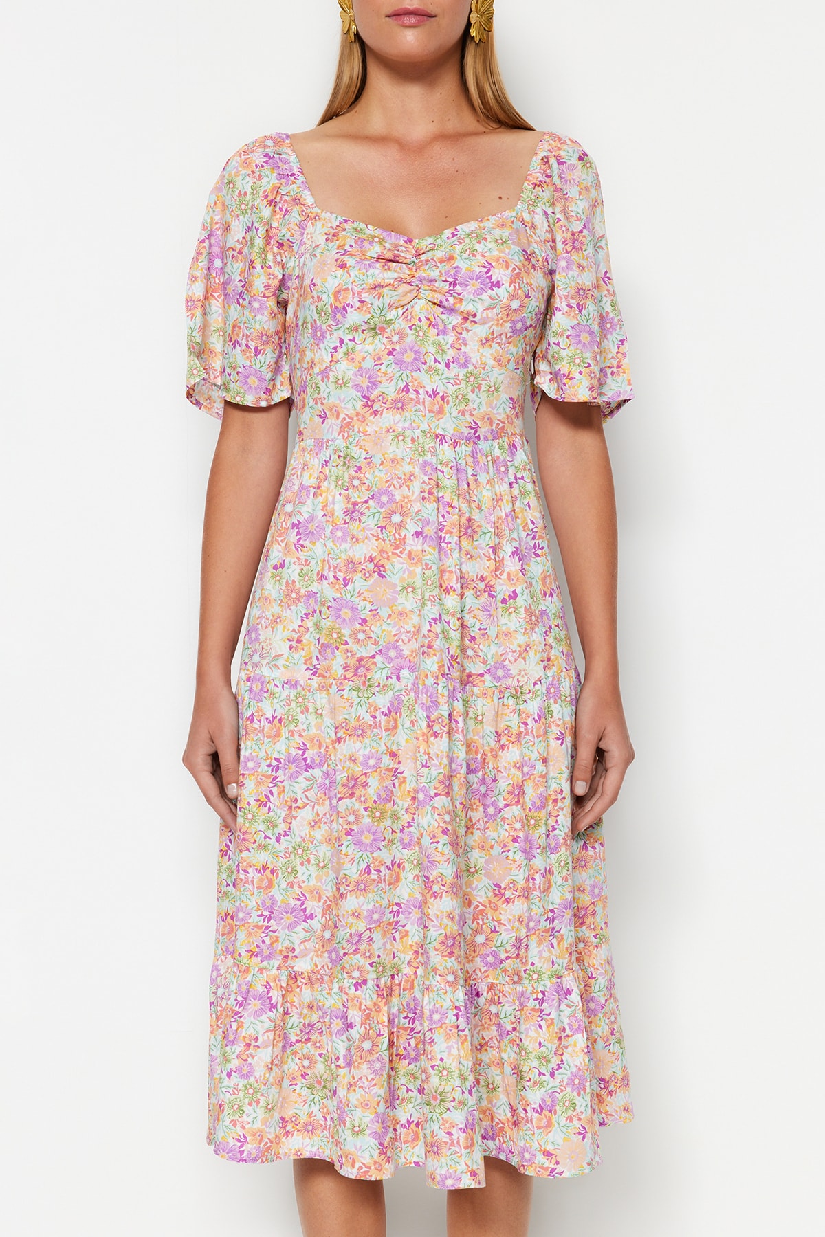 Trendyol Mint A-Line Balloon Sleeve Floral Patterned Midi Woven Dress