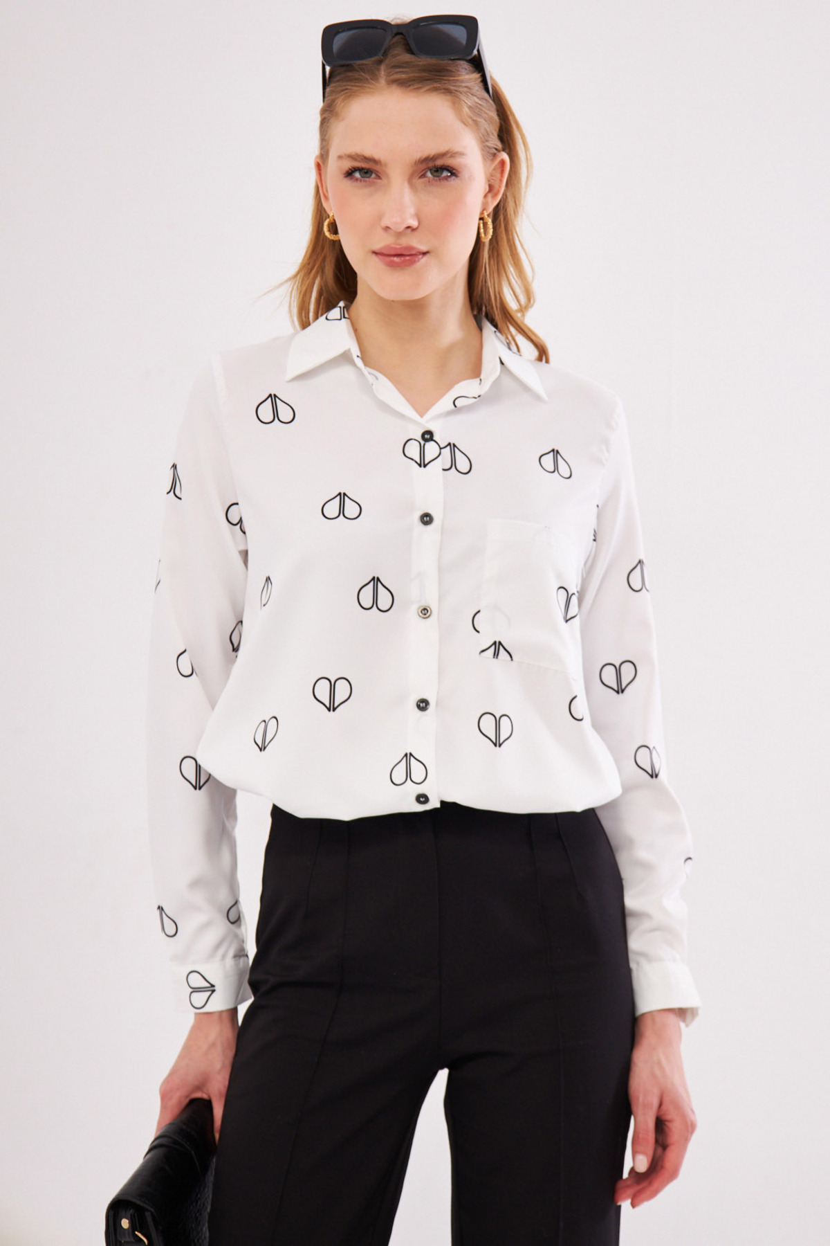 armonika Women's White Back Pleat Detail Single Pocket Patterned Long Sleeve Shirt